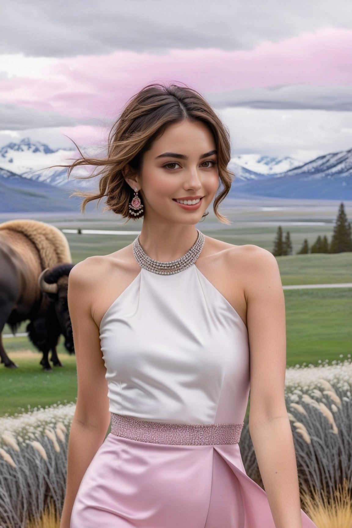 Hyper-Realistic photo of a girl,20yo,1girl,Ana de Armas,perfect female form,perfect body proportion,perfect anatomy,[pink and white color],elegant dress,detailed exquisite face,soft shiny skin,smile,mesmerizing,short hair,small earrings,necklaces,Chanel bag,cluttered maximalism
BREAK
(backdrop of lamarva11ey,outdoors,sky,day, cloud,tree,cloudy sky,grass,nature,beautiful scenery,mountain,winding road,landscape,american bisons),(girl focus:1.2)
BREAK
(rule of thirds:1.3),perfect composition,studio photo,trending on artstation,(Masterpiece,Best quality,32k,UHD:1.4),(sharp focus,high contrast,HDR,hyper-detailed,intricate details,ultra-realistic,award-winning photo,ultra-clear,kodachrome 800:1.25),(infinite depth of perspective:2),(chiaroscuro lighting,soft rim lighting:1.15),by Karol Bak,Antonio Lopez,Gustav Klimt and Hayao Miyazaki,photo_b00ster,real_booster,art_booster,Ye11owst0ne