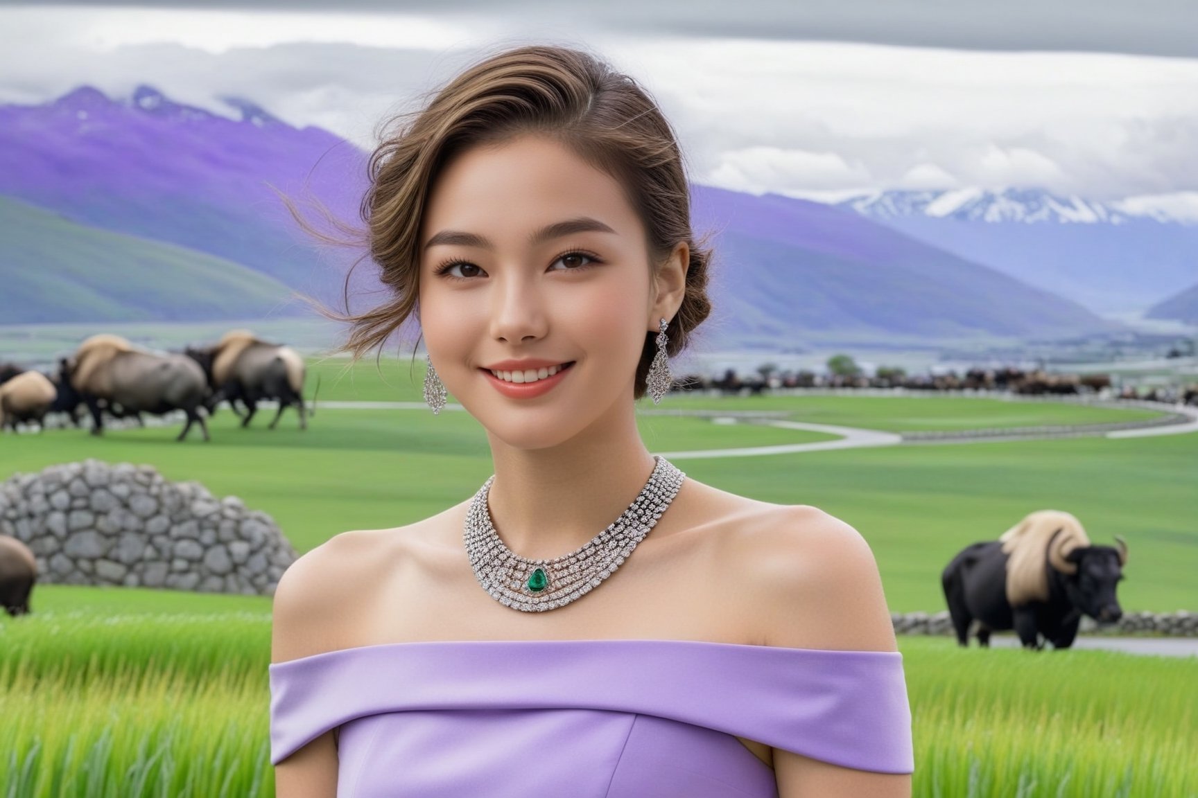 Hyper-Realistic photo of a girl,20yo,1girl,perfect female form,perfect body proportion,perfect anatomy,[Lilac Purple,Deep Coral,Green Gray,White Canvas color],elegant dress,detailed exquisite face,soft shiny skin,smile,mesmerizing,short hair,small earrings,necklaces,Chanel bag,cluttered maximalism
BREAK
(backdrop of lamarva11ey,outdoors,sky,day, cloud,tree,cloudy sky,grass,nature,beautiful scenery,mountain,winding road,landscape,american bisons),(girl focus:1.2)
BREAK
(rule of thirds:1.3),perfect composition,studio photo,trending on artstation,(Masterpiece,Best quality,32k,UHD:1.4),(sharp focus,high contrast,HDR,hyper-detailed,intricate details,ultra-realistic,award-winning photo,ultra-clear,kodachrome 800:1.25),(infinite depth of perspective:2),(chiaroscuro lighting,soft rim lighting:1.15),by Karol Bak,Antonio Lopez,Gustav Klimt and Hayao Miyazaki,photo_b00ster,real_booster,art_booster,Ye11owst0ne,ct-goeuun