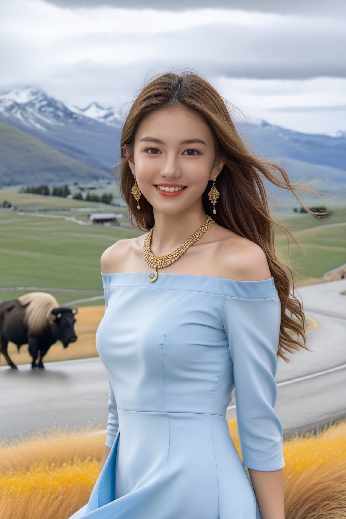 Hyper-Realistic photo of a girl,20yo,1girl,perfect female form,perfect body proportion,perfect anatomy,[baby blue and yellow color],elegant dress,detailed exquisite face,soft shiny skin,smile,mesmerizing,long hair blowing,small earrings,necklaces,Chanel bag,cluttered maximalism
BREAK
[backdrop of lamarva11ey,outdoors,sky,day, cloud,tree,cloudy sky,grass,nature,beautiful scenery,mountain,winding road,landscape,american bisons],(girl focus:1.2)
BREAK
(rule of thirds:1.3),perfect composition,studio photo,trending on artstation,(Masterpiece,Best quality,32k,UHD:1.4),(sharp focus,high contrast,HDR,hyper-detailed,intricate details,ultra-realistic,award-winning photo,ultra-clear,kodachrome 800:1.25),(infinite depth of perspective:2),(chiaroscuro lighting,soft rim lighting:1.15),by Karol Bak,Antonio Lopez,Gustav Klimt and Hayao Miyazaki,photo_b00ster,real_booster,art_booster,Ye11owst0ne,koh_yunjung