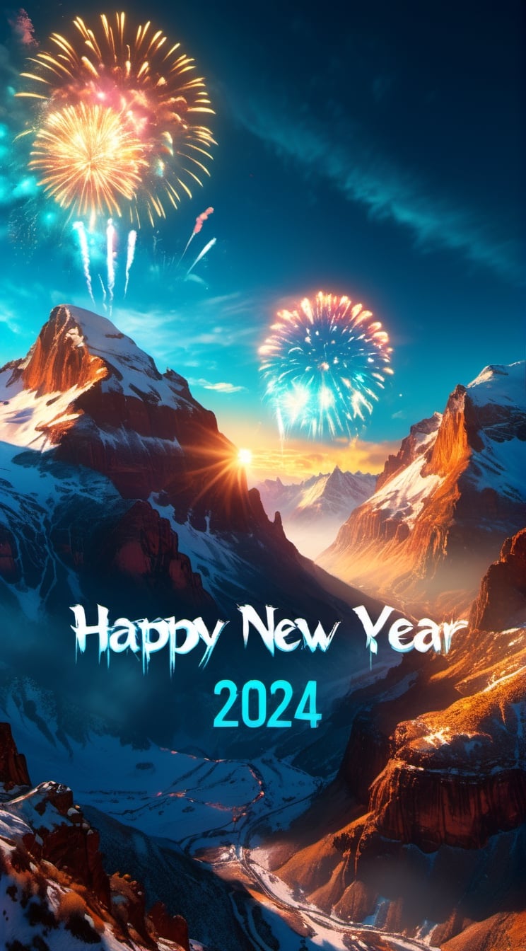 (masterpiece,best quality,ultra-detailed,16K,intricate, realistic,high contrast,photorealistic,HDR,vibrant color,RAW photo), (sunrise) over snow mountain and canyon,cinematic lighting, big shining cyan-and-gold text "Happy New Year 2024" text, (detailed fireworks),cinematic shot,cyberpunk style,High detailed,more detail XL,Text