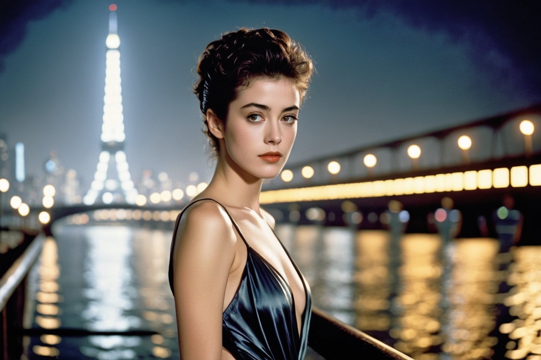 Here's a prompt for generating an image:

A 20-year-old girl \(Sean Young\)stands solo on a bridge at night, her gaze directed straight into the camera lens. Inspired by Sean Young's iconic pose in Blade Runner. Her facial features are hyper-realistically rendered, showcasing perfect skin tone and clear definition. The model body is toned and athletic, with a striking female form. Against the blurred backdrop of a beautiful River, the cityscape twinkles with lights, tower silhouettes, and bustling activity.

The composition is masterfully crafted to follow the rule of thirds (1.3), placing the subject off-center for a visually appealing shot. The studio lighting creates a dramatic chiaroscuro effect, accentuating the girl's features and adding depth to the scene.

Image specifications: 32k resolution, UHD quality, perfect focus, high contrast, HDR, hyper-detailed, intricate details, ultra-realistic, and award-winning photography. Kodachrome 800 film-inspired texture adds an extra layer of authenticity. Created by a collective of renowned artists Antonio Lopez, Diego Koi, Karol Bak, and Hayao Miyazaki.
