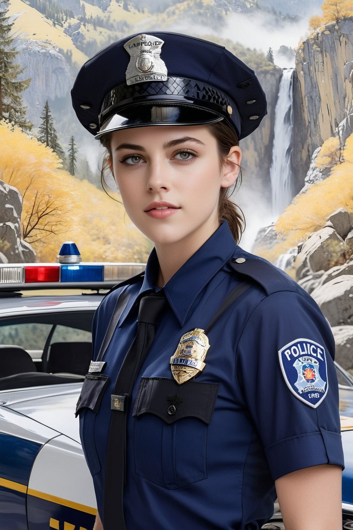 Hyper-Realistic photo of a beautiful LAPD police officer,20yo,1girl,solo,LAPD police uniform,cap,detailed exquisite face,soft shiny skin,smile,sunglasses,looking at viewer,Kristen Stewart lookalike,cap,fullbody:1.3
BREAK
backdrop:art1stp0int,waterfall,tree,rock,forest, mountain,landscape,scenery,nature,water,day,police car,(girl focus),[cluttered maximalism]
BREAK
settings: (rule of thirds1.3),perfect composition,studio photo,trending on artstation,depth of perspective,(Masterpiece,Best quality,32k,UHD:1.4),(sharp focus,high contrast,HDR,hyper-detailed,intricate details,ultra-realistic,kodachrome 800:1.3),(cinematic lighting:1.3),(by Karol Bak$,Alessandro Pautasso$,Gustav Klimt$ and Hayao Miyazaki$:1.3),art_booster,photo_b00ster, real_booster,Ye11owst0ne