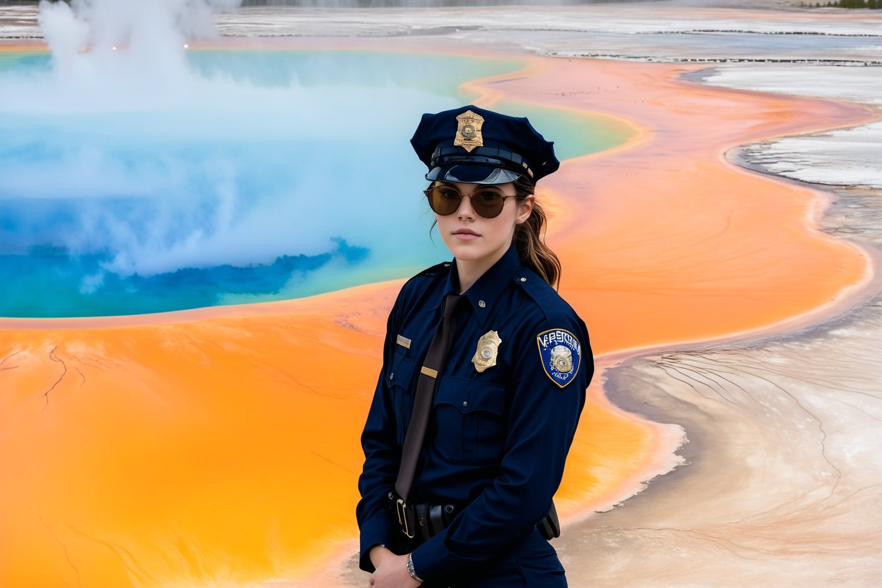 Hyper-Realistic photo of a beautiful LAPD police officer at Grand Prismatic Spring of Yellowstone, 20yo,1girl,solo,LAPD police uniform,cap,detailed exquisite face,soft shiny skin,smile,sunglasses,looking at viewer,Kristen Stewart lookalike,cap,fullbody:1.3
BREAK
backdrop:grandpr1smat1c,vivid color for Spring,orange mane-like soil around the pool,brown and white soil color,smoke from spring,brown and white color soil,1 spring,(girl focus),[cluttered maximalism]
BREAK
settings: (rule of thirds1.3),perfect composition,studio photo,trending on artstation,depth of perspective,(Masterpiece,Best quality,32k,UHD:1.4),(sharp focus,high contrast,HDR,hyper-detailed,intricate details,ultra-realistic,kodachrome 800:1.3),(cinematic lighting:1.3),(by Karol Bak$,Alessandro Pautasso$,Gustav Klimt$ and Hayao Miyazaki$:1.3),art_booster,photo_b00ster, real_booster,Ye11owst0ne