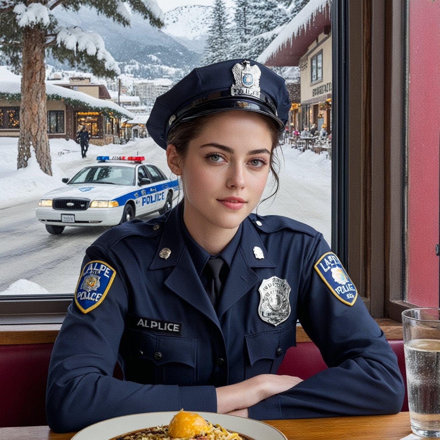 Hyper-Realistic photo of a beautiful LAPD police officer sitting in a restaurant in winter resort,20yo,1girl,solo,LAPD police uniform,cap,detailed exquisite face,soft shiny skin,smile,looking at viewer,Kristen Stewart lookalike,cap,sunglasses,fullbody:1.3
BREAK
backdrop:restaurant,window,snow,road,police car,tree,girl focus,[cluttered maximalism]
BREAK
settings: (rule of thirds1.3),perfect composition,studio photo,trending on artstation,depth of perspective,(Masterpiece,Best quality,32k,UHD:1.4),(sharp focus,high contrast,HDR,hyper-detailed,intricate details,ultra-realistic,kodachrome 800:1.3),(cinematic lighting:1.3),(by Karol Bak$,Alessandro Pautasso$,Gustav Klimt$ and Hayao Miyazaki$:1.3),art_booster,photo_b00ster, real_booster,w1nter res0rt