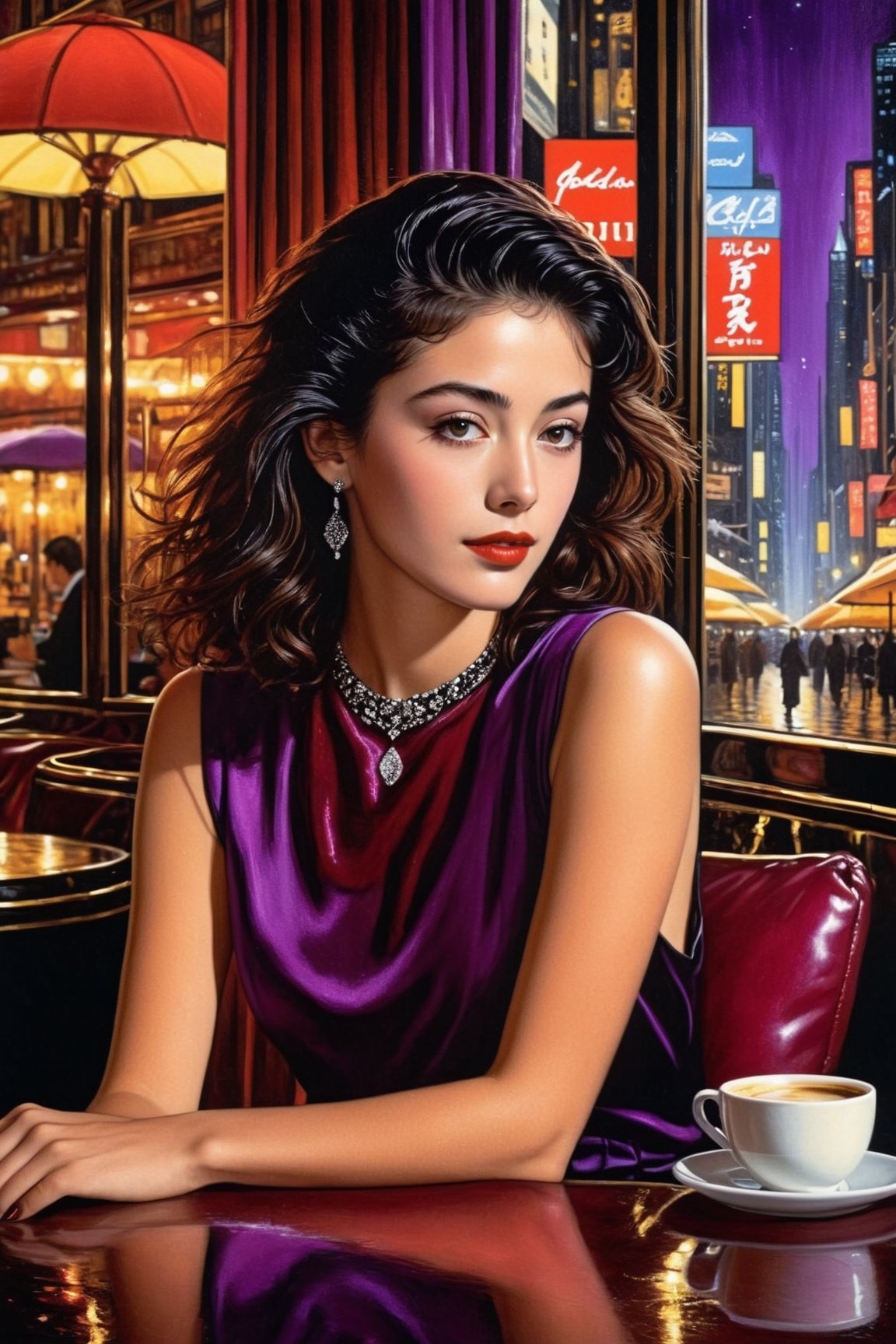 Hyper-Realistic photo of a girl sitting in a cafe at night,20yo,1girl,solo,Sean Young \(in Blade Runner\),detailed exquisite face,detailed soft shiny skin,lips,smile,perfect female form,looking at viewer,disheveled long black hair blowing,[Deep Purple and Wine Red color],elegant dress,chanel,prada,close up
BREAK
backdrop of beautiful city skyscrapers,table,coffee mug,vase,book
BREAK
(rule of thirds:1.3),perfect composition,studio photo,trending on artstation,depth of perspective,(Masterpiece,Best quality,32k,UHD:1.4),(sharp focus,high contrast,HDR,hyper-detailed,intricate details,ultra-realistic,award-winning photo,ultra-clear,kodachrome 800:1.3),(chiaroscuro lighting:1.3),by Antonio Lopez, Diego Koi, Karol Bak and Hayao Miyazaki,photo_b00ster, real_booster,art_booster