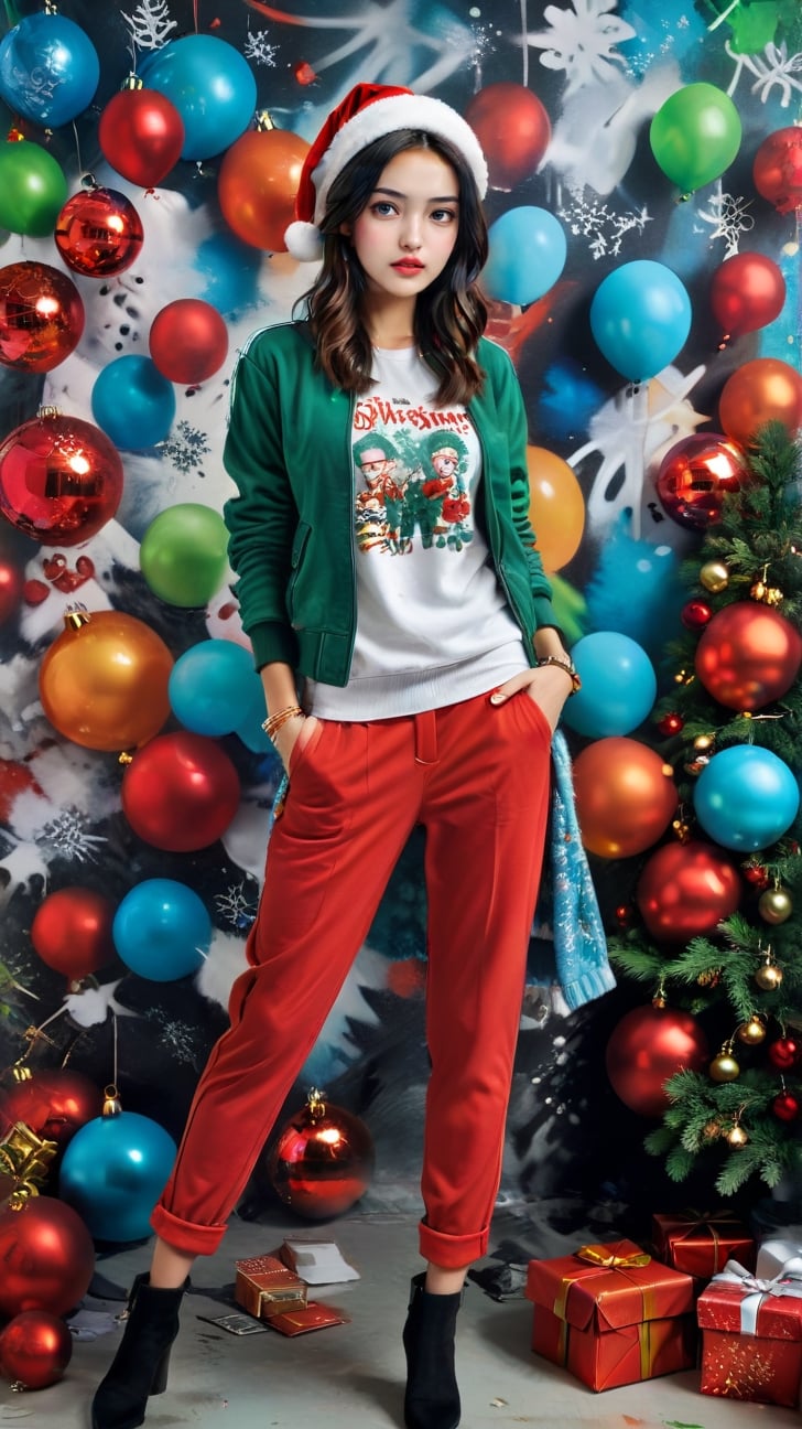 Generate an image of a stylish 23-year-old woman attending a casual Christmas party with a hint of graffiti-inspired flair. Opting for festive Christmas party attire, she chooses a unique design and color among various outfits that complement the holiday spirit. Infuse the ensemble with a graffiti-style aesthetic, introducing dynamic lines and patterns that add an unconventional and artistic edge. Ensure the look includes modern and chic accessories, placing her in a contemporary setting with urban decor and stylish Christmas decorations for an overall modern, sophisticated, and artistically enriched ambiance.digital painting,kimtaeri-xl,<lora:659095807385103906:1.0>