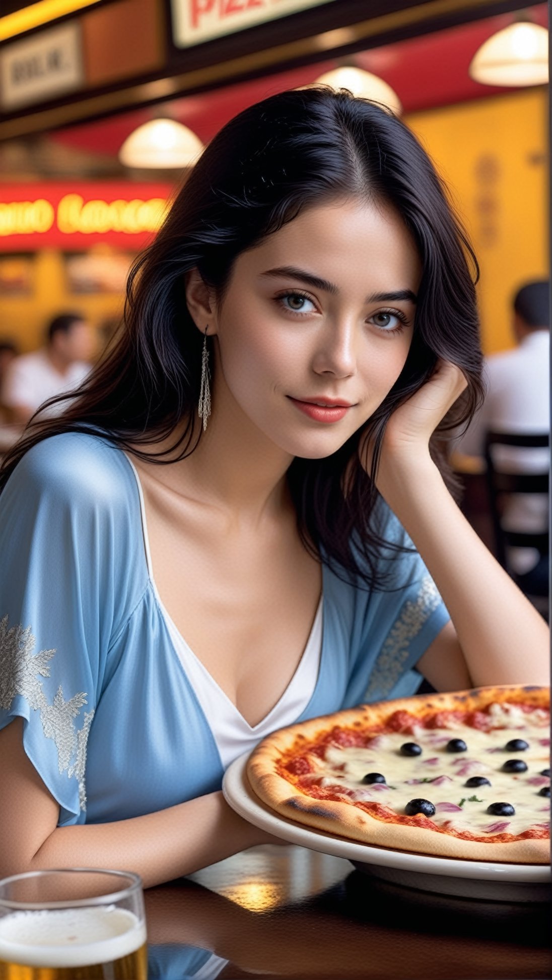 Hyper-Realistic photo of a girl sitting in a pizza restaurant,20yo,1girl,solo,Sean Young \(in Blade Runner\),detailed exquisite face,detailed soft shiny skin,lips,smile,perfect female form,looking at viewer,long black hair,[Baby Blue and White colors],elegant outfit,close up
BREAK
backdrop of beautiful restaurant,table,pizza,beer mug,(girl focus)
BREAK
(rule of thirds:1.3),perfect composition,studio photo,trending on artstation,depth of perspective,(Masterpiece,Best quality,32k,UHD:1.4),(sharp focus,high contrast,HDR,hyper-detailed,intricate details,ultra-realistic,award-winning photo,ultra-clear,kodachrome 800:1.3),(chiaroscuro lighting:1.3),by Antonio Lopez, Diego Koi,Karol Bak and Hayao Miyazaki,photo_b00ster, real_booster,art_booster