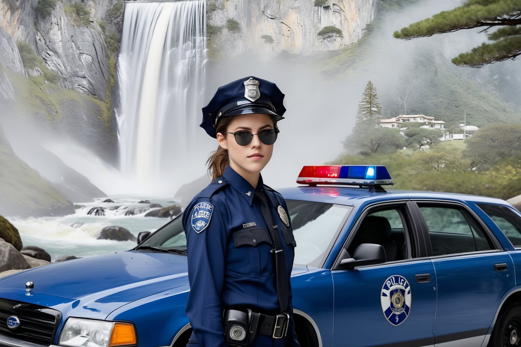 Hyper-Realistic photo of a beautiful LAPD police officer,20yo,1girl,solo,LAPD police uniform,cap,detailed exquisite face,soft shiny skin,smile,sunglasses,looking at viewer,Kristen Stewart lookalike,cap,fullbody:1.3
BREAK
backdrop:art1stp0int,waterfall,tree,rock,forest, mountain,landscape,scenery,nature,water,day,police car,(girl focus),[cluttered maximalism]
BREAK
settings: (rule of thirds1.3),perfect composition,studio photo,trending on artstation,depth of perspective,(Masterpiece,Best quality,32k,UHD:1.4),(sharp focus,high contrast,HDR,hyper-detailed,intricate details,ultra-realistic,kodachrome 800:1.3),(cinematic lighting:1.3),(by Karol Bak$,Alessandro Pautasso$,Gustav Klimt$ and Hayao Miyazaki$:1.3),art_booster,photo_b00ster, real_booster,Ye11owst0ne,grandpr1smat1c