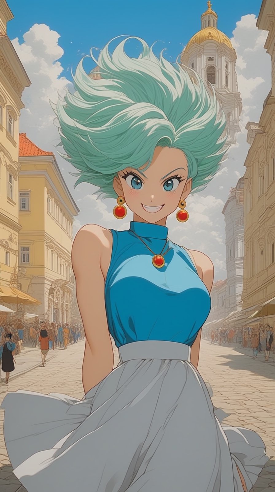 Detailed anime of a girl,20yo,(Bulma of Dragon Ball comics),clear facial features,shiny skin,earrings, necklace,smile,mesmerizing,elegant form-fitting short dress,(fullbody:1.3),vibrant colors
BREAK
(backdrop of Vilnius, the capital of Lithuania, a UNESCO World Heritage Site with stunning architecture, cobbled streets, cozy cafes, a lively cultural scene, picturesque streets and many interesting sites including Vilnius Cathedral, the Presidential Palace and the Gate of Dawn. blue sky)
BREAK
(anime vibes:1.7),rule of thirds,perfect composition,depth of perspective,studio photo,trending on artstation,(Masterpiece,Best quality,sharp focus,high contrast,HDR,hyper-detailed,intricate details,ultra-realistic),(chiaroscuro lighting),by Karol Bak,Gustav Klimt and Hayao Miyazaki,photo_b00ster,art_booster, real_booster,ani_booster