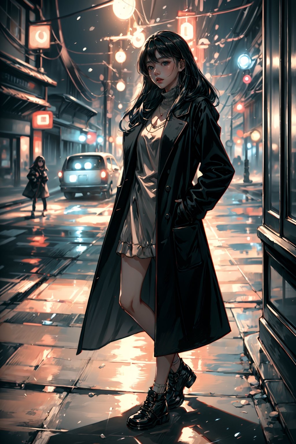 beautiful girl standing in dark street at night,23yo,dishelved black hair,jewelry,(winter long coat),(colorful) BREAK looking at viewer,(masterpiece, best quality, ultra-detailed, 8K),cinematic lighting,koh_yunjung,1 girl