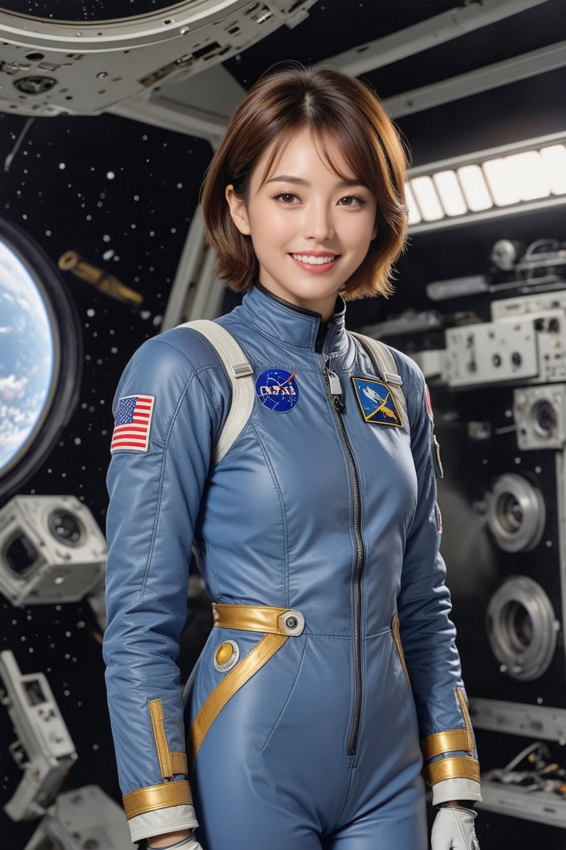 Hyper-Realistic photo of a beautiful girl,20yo,1girl,perfect female form,perfect body proportion,perfect anatomy,space suit,detailed exquisite face,soft shiny skin,smile,mesmerizing,short hair
BREAK
(backdrop of space station,indoors,windows,dark space),(fullbody:1.2),[[cluttered maximalism]]
BREAK
(rule of thirds:1.3),perfect composition,studio photo,trending on artstation,(Masterpiece,Best quality,32k,UHD:1.5),(sharp focus,high contrast,HDR,hyper-detailed,intricate details,ultra-realistic,award-winning photo,ultra-clear,kodachrome vintage:1.3),(chiaroscuro lighting,soft rim lighting:1.2),by Karol Bak,Gustav Klimt and Hayao Miyazaki, photo_b00ster,real_booster, art_booster,han-hyoju-xl