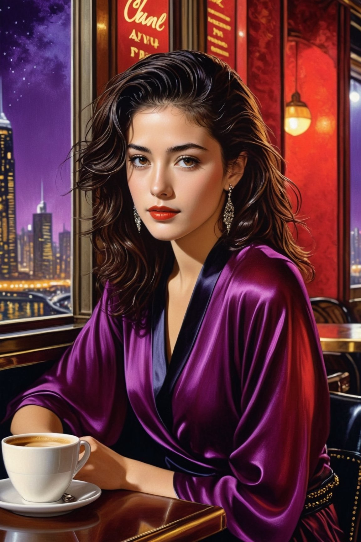 Hyper-Realistic photo of a girl sitting in a cafe at night,20yo,1girl,solo,Sean Young \(in Blade Runner\),detailed exquisite face,detailed soft shiny skin,lips,smile,perfect female form,looking at viewer,disheveled long black hair blowing,[Deep Purple and Wine Red color],elegant dress,chanel,prada,close up
BREAK
backdrop of beautiful city skyscrapers,table,coffee mug,vase,book
BREAK
(rule of thirds:1.3),perfect composition,studio photo,trending on artstation,depth of perspective,(Masterpiece,Best quality,32k,UHD:1.4),(sharp focus,high contrast,HDR,hyper-detailed,intricate details,ultra-realistic,award-winning photo,ultra-clear,kodachrome 800:1.3),(chiaroscuro lighting:1.3),by Antonio Lopez, Diego Koi, Karol Bak and Hayao Miyazaki,photo_b00ster, real_booster,art_booster