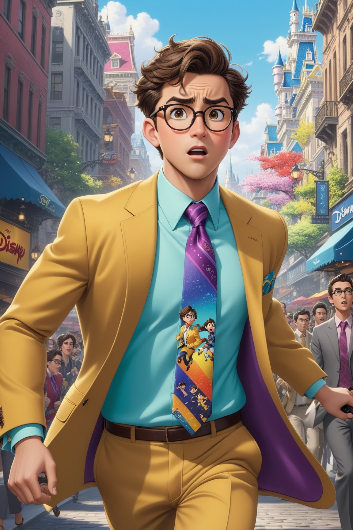 Highly detailed anime of a young businessman running in a busy street,short brown hair,brown skin,very desperate expression,wearing glasses,wearing a colorful Spring suit \(jacket, necktie and pants\),detailed NY street backdrop with crowd,(Disney Pixar-style:1.3)
BREAK 
(anime vibes:1.3),rule of thirds,studio photo,(masterpiece,best quality,trending on artstation,8K,Hyper-detailed,intricate details,ink and pen),cinematic lighting,by Karol Bak,Antonio López,Gustav Klimt,Gerald Brom and Hayao Miyazaki,ani_booster,real_booster,art_booster