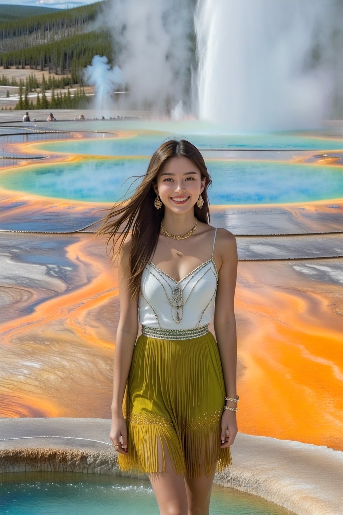 Hyper-Realistic photo of a girl,20yo,1girl,perfect female form,perfect body proportion,perfect anatomy,[green and yellow color],elegant dress,detailed exquisite face,soft shiny skin,smile,mesmerizing,detailed shiny long hair blowing,small earrings,necklaces,Chanel bag,cluttered maximalism
BREAK
[backdrop of grandpr1smat1c,Grand Prismatic Spring of Yellowstone,vivid color for Spring,orange mane-like soil around the pool,brown and white soil color,smoke from spring,brown and white color soil,1 spring],(fullbody:1.3),(distant view:1.3),(girl focus:1.2)
BREAK
(rule of thirds:1.3),perfect composition,studio photo,trending on artstation,(Masterpiece,Best quality,32k,UHD:1.4),(sharp focus,high contrast,HDR,hyper-detailed,intricate details,ultra-realistic,award-winning photo,ultra-clear,kodachrome 800:1.25),(infinite depth of perspective:2),(chiaroscuro lighting,soft rim lighting:1.15),by Karol Bak,Antonio Lopez,Gustav Klimt and Hayao Miyazaki,photo_b00ster,real_booster,art_booster,Ye11owst0ne,koh_yunjung,ink ,kwon-nara