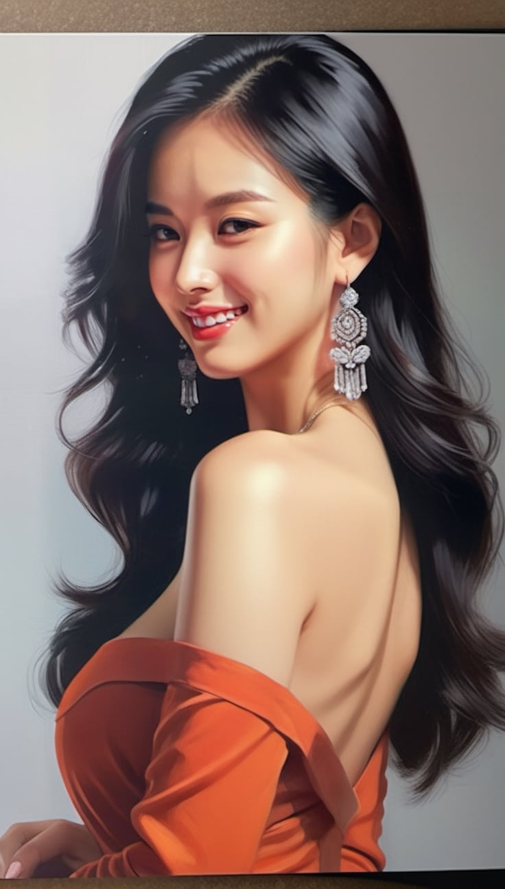 Very (detailed) illustration of a ((best quality)), ((masterpiece)),mesmerizing and alluring female model,cute,23yo,smile,looking at viewer,disheveled black hair BREAK [sharp high nose], skinny tight clothes,torn clothes,[bare] shoulders, small earrings,jewelry,hourglass_figure, natural huge breasts,glossy skin BREAK realistic,intricate,high contrast,[colorful],rule of thirds,moody lighting,very sexy pose,detailmaster2,han-hyoju-xl
