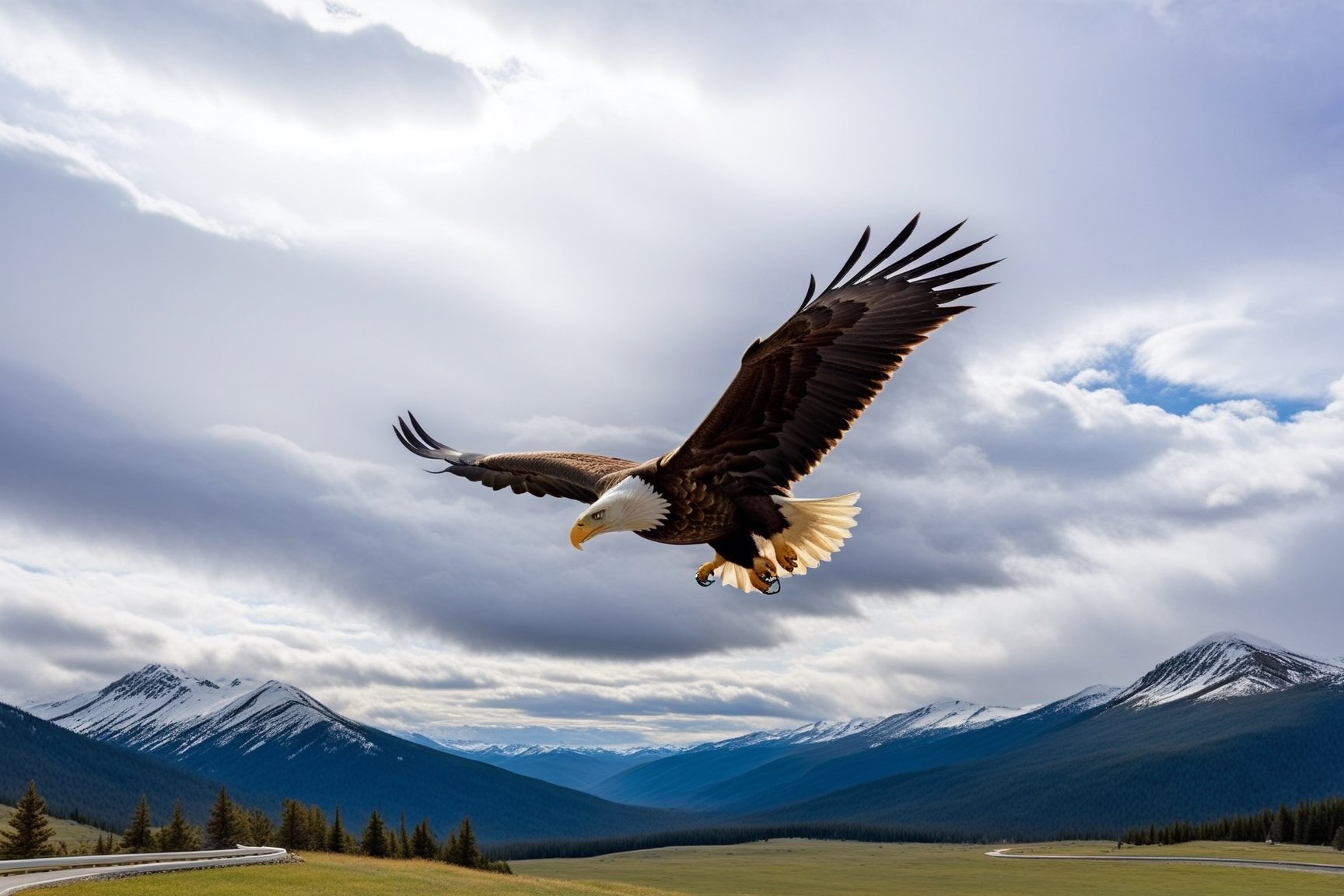 Hyper-Realistic photo of an eagle flying in the sky,cluttered maximalism
BREAK
(backdrop of lamarva11ey,outdoors,sky,day, cloud,tree,cloudy sky,grass,nature,beautiful scenery,mountain,winding road,landscape,american bisons),(eagle focus:1.2)
BREAK
(rule of thirds:1.3),perfect composition,studio photo,trending on artstation,(Masterpiece,Best quality,32k,UHD:1.4),(sharp focus,high contrast,HDR,hyper-detailed,intricate details,ultra-realistic,award-winning photo,ultra-clear,kodachrome 800:1.25),(infinite depth of perspective:2),(chiaroscuro lighting,soft rim lighting:1.15),by Karol Bak,Antonio Lopez,Gustav Klimt and Hayao Miyazaki,photo_b00ster,real_booster,art_booster,Ye11owst0ne