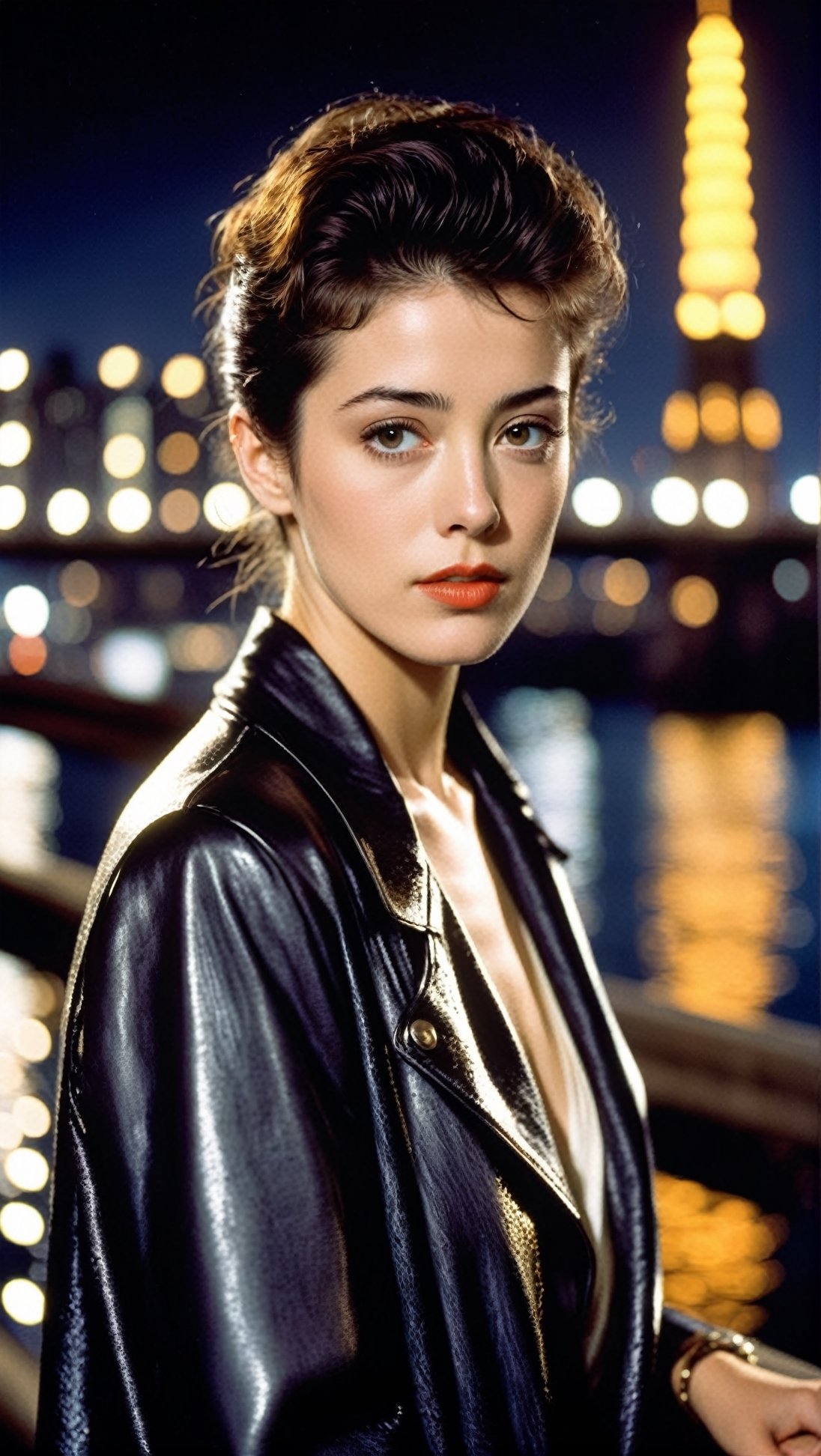 Here's a prompt for generating an image:

A 20-year-old girl \(Sean Young\)stands solo on a bridge at night, her gaze directed straight into the camera lens. Inspired by Sean Young's iconic pose in Blade Runner. Her facial features are hyper-realistically rendered, showcasing perfect skin tone and clear definition. The model body is toned and athletic, with a striking female form. Against the blurred backdrop of a beautiful River, the cityscape twinkles with lights, tower silhouettes, and bustling activity.

The composition is masterfully crafted to follow the rule of thirds (1.3), placing the subject off-center for a visually appealing shot. The studio lighting creates a dramatic chiaroscuro effect, accentuating the girl's features and adding depth to the scene.

Image specifications: 32k resolution, UHD quality, perfect focus, high contrast, HDR, hyper-detailed, intricate details, ultra-realistic, and award-winning photography. Kodachrome 800 film-inspired texture adds an extra layer of authenticity. Created by a collective of renowned photographers Antonio Lopez, Diego Koi, Karol Bak, and Hayao Miyazaki.