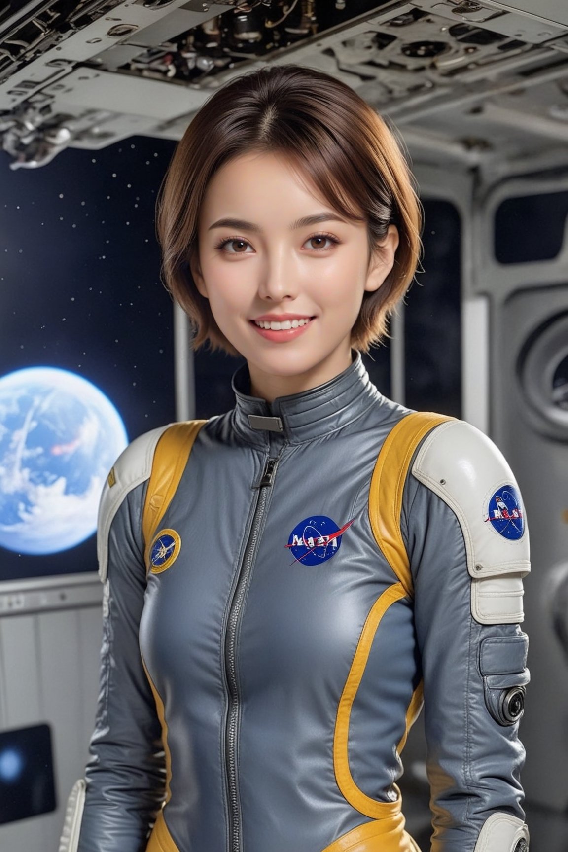 Hyper-Realistic photo of a beautiful girl,20yo,1girl,perfect female form,perfect body proportion,perfect anatomy,space suit,detailed exquisite face,soft shiny skin,smile,mesmerizing,short hair
BREAK
(backdrop of space station,indoors,windows,dark space),(fullbody:1.2),[[cluttered maximalism]]
BREAK
(rule of thirds:1.3),perfect composition,studio photo,trending on artstation,(Masterpiece,Best quality,32k,UHD:1.5),(sharp focus,high contrast,HDR,hyper-detailed,intricate details,ultra-realistic,award-winning photo,ultra-clear,kodachrome vintage:1.3),(chiaroscuro lighting,soft rim lighting:1.2),by Karol Bak,Gustav Klimt and Hayao Miyazaki, photo_b00ster,real_booster, art_booster,han-hyoju-xl