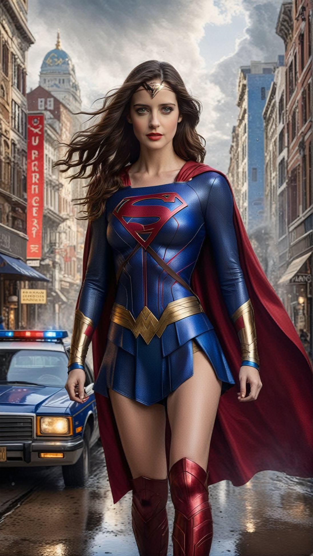 Hyper-Realistic photo of a beautiful Supergirl standing in a street,20yo,1girl,solo,Supergirl costume with big S mark,cape,detailed exquisite face,looking at viewer,Eva Green lookalike
BREAK
backdrop:city street,police car,puddles,cluttered maximalism
BREAK
settings: (rule of thirds1.3),perfect composition,studio photo,trending on artstation,depth of perspective,(Masterpiece,Best quality,32k,UHD:1.4),(sharp focus,high contrast,HDR,hyper-detailed,intricate details,ultra-realistic,kodachrome 800:1.3),(chiaroscuro lighting:1.3),(by Karol Bak $,Alessandro Pautasso $,Gustav Klimt $ and Hayao Miyazaki $:1.3),art_booster, photo_b00ster,real_booster,wonder-woman-xl