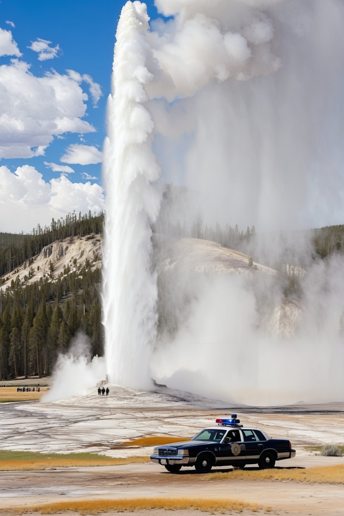 Hyper-Realistic photo of a beautiful LAPD police officer at  Yellowstone,20yo,1girl,solo,LAPD police uniform,cap,detailed exquisite face,soft shiny skin,smile,sunglasses,looking at viewer,Kristen Stewart lookalike,cap,fullbody:1.3
BREAK
backdrop:Old Faithful \(oldfa1thfu1\) in Yellowstone,outdoors,multiple boys,sky, day,tree,scenery,6+boys,realistic,photo background,many people watching smoke eruption,highly realistic eruption,highly detailed soil,mostly white soil with some brown,police car,(girl focus),[cluttered maximalism]
BREAK
settings: (rule of thirds1.3),perfect composition,studio photo,trending on artstation,depth of perspective,(Masterpiece,Best quality,32k,UHD:1.4),(sharp focus,high contrast,HDR,hyper-detailed,intricate details,ultra-realistic,kodachrome 800:1.3),(cinematic lighting:1.3),(by Karol Bak$,Alessandro Pautasso$,Gustav Klimt$ and Hayao Miyazaki$:1.3),art_booster,photo_b00ster, real_booster,Ye11owst0ne