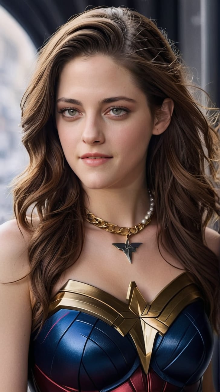 Hyper-Realistic photo of a beautiful girl,20yo,detailed exquisite face,soft shiny skin,lips,smile,wonder woman costume,long hair,perfect female form,model body,mesmerizing,looking at viewer,Kristen Stewart lookalike,jewelry,chanel,prada
BREAK
backdrop: simple background
BREAK
settings: (rule of thirds1.3),perfect composition,studio photo,trending on artstation,depth of perspective,(Masterpiece,Best quality,32k,UHD:1.4),(sharp focus,high contrast,HDR,hyper-detailed,intricate details,ultra-realistic,kodachrome 800:1.3),(chiaroscuro lighting:1.3),by Karol Bak,Alessandro Pautasso and Hayao Miyazaki,photo_b00ster,real_booster,art_booster