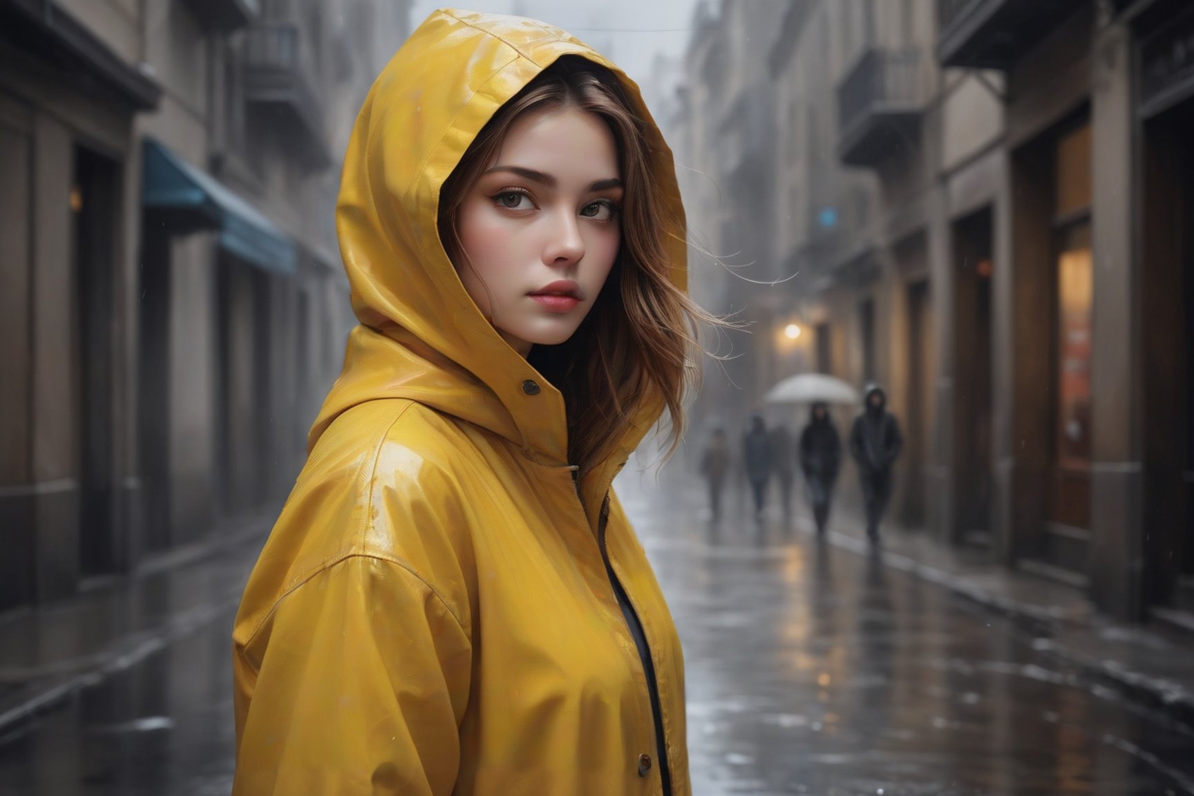 Generate an artisvic vision of watercolor portrait of a beautiful girl in a yellow raincoat,20yo,walking in a dark raining street.fullbody.graffiti style.(Rough strokes).Mystical.Mysterious.Ethereal.Dim lights in the street.Dark and Hazy background.puddles.rain.fog. spotlight on her face.low key.(chiaroscuro lighting),blurry backdrop.BREAK rule of thirds,depth of perspective,perfect composition,impressionism,clear facial features,perfect hands,aesthetic minimalism,painterly,by Karol Bak,Alessandro Pautasso and Hayao Miyazaki, real_booster, art_booster