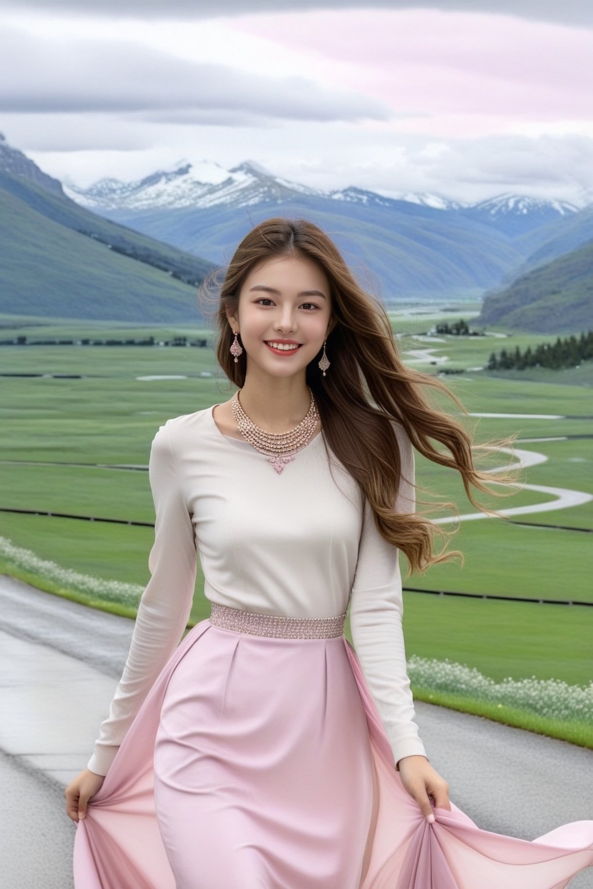 Hyper-Realistic photo of a girl,20yo,1girl,perfect female form,perfect body proportion,perfect anatomy,[pink and ivory color],elegant dress,detailed exquisite face,soft shiny skin,smile,mesmerizing,detailed shiny long hair blowing,small earrings,necklaces,Chanel bag,cluttered maximalism
BREAK
[backdrop of lamarva11ey,outdoors,sky,day, cloud,tree,cloudy sky,grass,nature,beautiful scenery,mountain,winding road,landscape,american bisons],(girl focus:1.2)
BREAK
(rule of thirds:1.3),perfect composition,studio photo,trending on artstation,(Masterpiece,Best quality,32k,UHD:1.4),(sharp focus,high contrast,HDR,hyper-detailed,intricate details,ultra-realistic,award-winning photo,ultra-clear,kodachrome 800:1.25),(infinite depth of perspective:2),(chiaroscuro lighting,soft rim lighting:1.15),by Karol Bak,Antonio Lopez,Gustav Klimt and Hayao Miyazaki,photo_b00ster,real_booster,art_booster,Ye11owst0ne,koh_yunjung,ink 