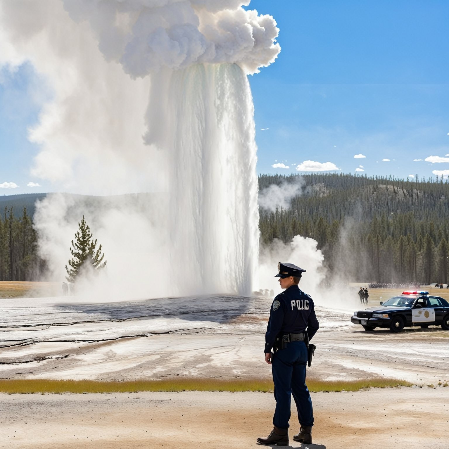 Hyper-Realistic photo of a beautiful LAPD police officer at  Yellowstone,20yo,1girl,solo,LAPD police uniform,cap,detailed exquisite face,soft shiny skin,smile,sunglasses,looking at viewer,Kristen Stewart lookalike,cap,fullbody:1.3
BREAK
backdrop:Old Faithful \(oldfa1thfu1\) in Yellowstone,outdoors,multiple boys,sky, day,tree,scenery,6+boys,realistic,photo background,many people watching smoke eruption,highly realistic eruption,highly detailed soil,mostly white soil with some brown,police car,(girl focus:1.3),[cluttered maximalism]
BREAK
settings: (rule of thirds1.3),perfect composition,studio photo,trending on artstation,depth of perspective,(Masterpiece,Best quality,32k,UHD:1.4),(sharp focus,high contrast,HDR,hyper-detailed,intricate details,ultra-realistic,kodachrome 800:1.3),(cinematic lighting:1.3),(by Karol Bak$,Alessandro Pautasso$,Gustav Klimt$ and Hayao Miyazaki$:1.3),art_booster,photo_b00ster, real_booster,Ye11owst0ne