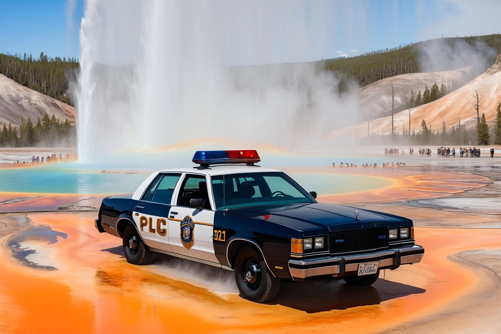 Hyper-Realistic photo of a beautiful LAPD police officer at Grand Prismatic Spring of Yellowstone, 20yo,1girl,solo,LAPD police uniform,cap,detailed exquisite face,soft shiny skin,smile,sunglasses,looking at viewer,Kristen Stewart lookalike,cap,fullbody:1.3
BREAK
backdrop:grandpr1smat1c,vivid color for Spring,orange mane-like soil around the pool,brown and white soil color,smoke from spring,brown and white color soil,1 spring,police car,(girl focus),[cluttered maximalism]
BREAK
settings: (rule of thirds1.3),perfect composition,studio photo,trending on artstation,depth of perspective,(Masterpiece,Best quality,32k,UHD:1.4),(sharp focus,high contrast,HDR,hyper-detailed,intricate details,ultra-realistic,kodachrome 800:1.3),(cinematic lighting:1.3),(by Karol Bak$,Alessandro Pautasso$,Gustav Klimt$ and Hayao Miyazaki$:1.3),art_booster,photo_b00ster, real_booster,Ye11owst0ne