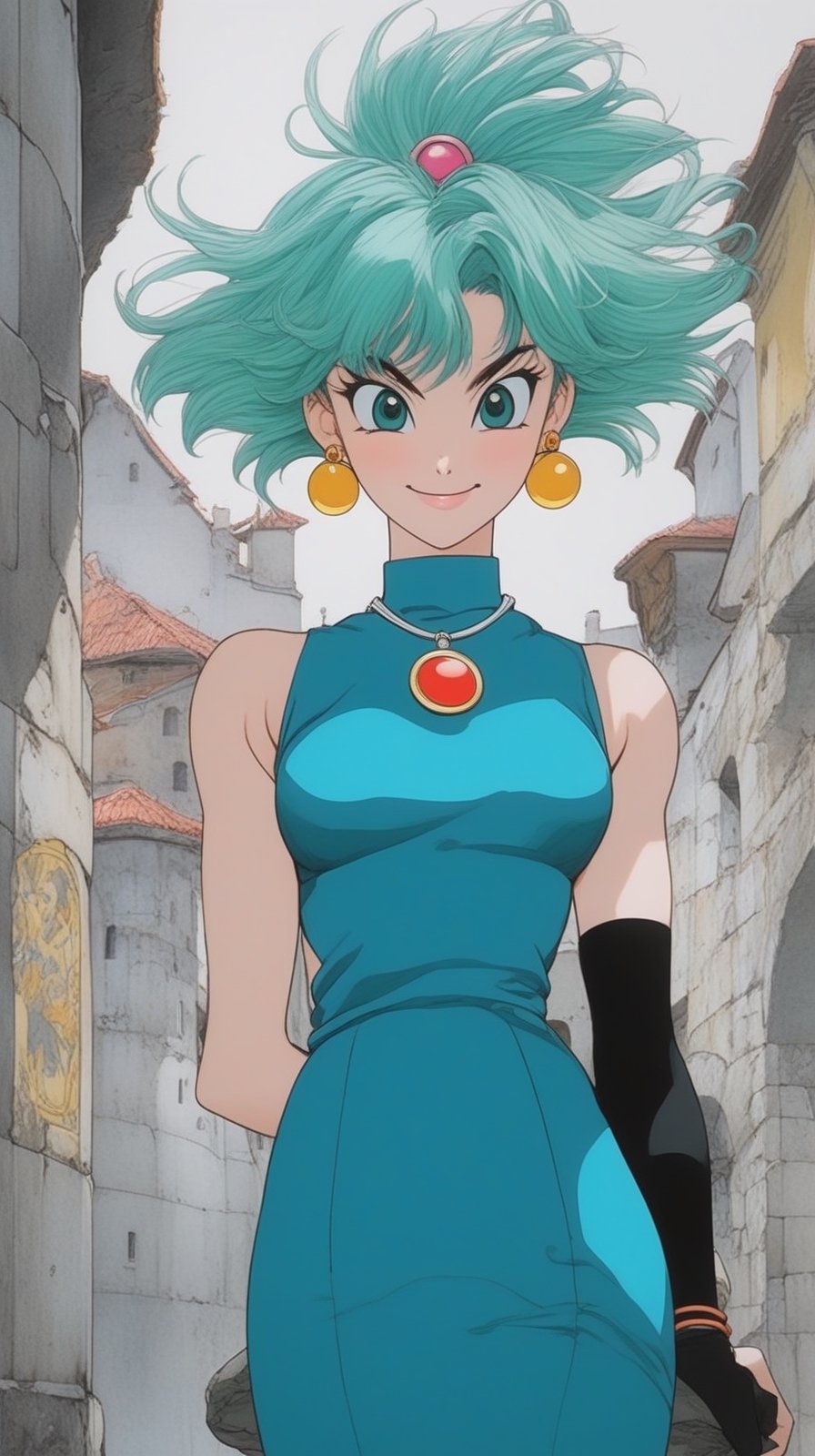 Detailed anime of a girl,20yo,(Bulma of Dragon Ball comics),clear facial features,shiny skin,earrings, necklace,smile,mesmerizing,elegant form-fitting short dress,(fullbody:1.3),vibrant colors
BREAK
(backdrop of Vilnius, the capital of Lithuania, a UNESCO World Heritage Site with stunning architecture, cobbled streets, cozy cafes, a lively cultural scene,blue sky)
BREAK
(anime vibes:1.7),(ink and pen drawing,thick cartoon lines:1.3),rule of thirds,perfect composition,depth of perspective,studio photo,trending on artstation,(Masterpiece,Best quality,sharp focus,high contrast,HDR,hyper-detailed,intricate details,ultra-realistic),(chiaroscuro lighting),by Karol Bak,Gustav Klimt and Hayao Miyazaki,photo_b00ster,art_booster, real_booster,ani_booster
