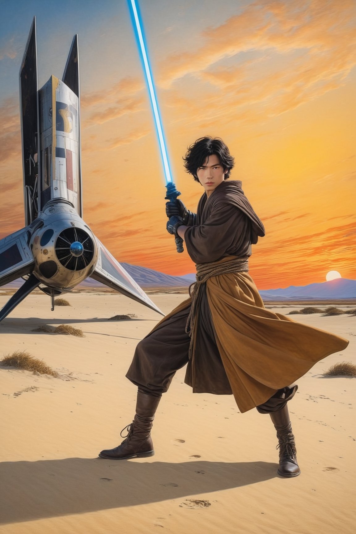 Hyper-Realistic photo of a jedi swinging lightsaber,1boy,solo,black hair,gloves,weapon,male focus, sword,facial hair,parody,beard,science fiction,animification,energy sword,lightsaber,looking at viewer,Lee Jung-Jae \(Sol in Star Wars Acolyte\) lookalike,fullbody:1.3
BREAK
backdrop:jedi aircraft on ground,field,sand,sky,sunset,hill,[cluttered maximalism]
BREAK
settings: (rule of thirds1.3),perfect composition,studio photo,trending on artstation,depth of perspective,(Masterpiece,Best quality,32k,UHD:1.4),(sharp focus,high contrast,HDR,hyper-detailed,intricate details,ultra-realistic,kodachrome 800:1.3),(chiaroscuro lighting:1.3),(by Karol Bak$,Alessandro Pautasso$,Gustav Klimt$ and Hayao Miyazaki$:1.3),art_booster,photo_b00ster, real_booster,w1nter res0rt