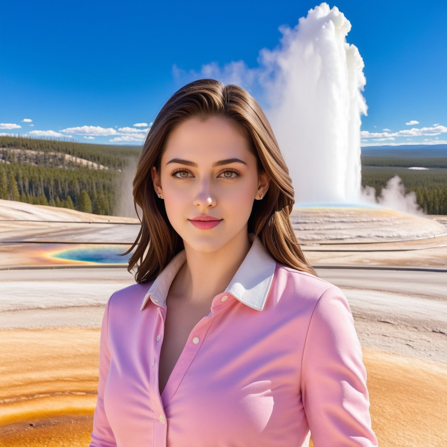 ((Hyper-Realistic)) upperbody photo of a beautiful 1girl taking a selfie in Old Faithful in Yellowstone,20yo,(kristen stewart),detailed exquisite face,detailed soft skin,hourglass figure,perfect female form,model body,looking at viewer,playful smirks,(perfect hands:1.2),(elegant white jacket,pink shirt and jean skirt),(girl focus)
BREAK
((Hyper-Realistic)) detailed photography of Old Faithful \(oldfa1thfu1\) in Yellowstone,outdoors,sky, day,tree,scenery,realistic,photo background,mostly white soil with some brown),(1girl focus)
BREAK
aesthetic,rule of thirds,depth of perspective,perfect composition,studio photo,trending on artstation,cinematic lighting,(Hyper-realistic photography,masterpiece, photorealistic,ultra-detailed,intricate details,16K,sharp focus,high contrast,kodachrome 800,HDR:1.2),photo_b00ster,real_booster,ye11owst0ne,(oldfa1thfu1:1.2),more detail XL,H effect,art_booster,ani_booster