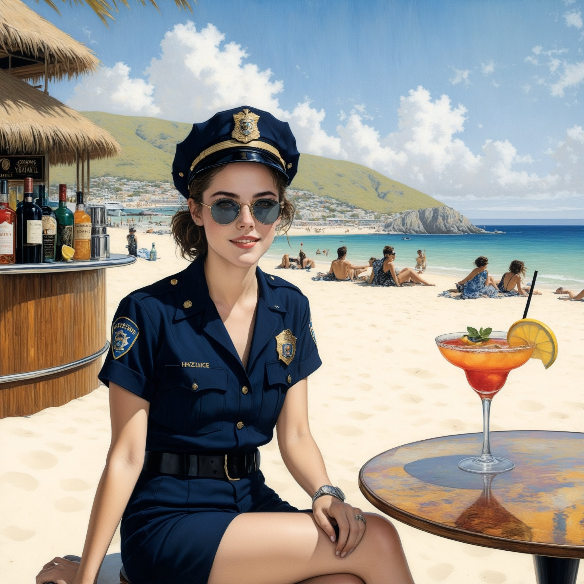 Hyper-Realistic photo of a beautiful LAPD police officer sitting in a cocktail bar on a beach,20yo,1girl,solo,LAPD police uniform,cap,detailed exquisite face,soft shiny skin,smile,looking at viewer,Kristen Stewart lookalike,cap,sunglasses,fullbody:1.3
BREAK
backdrop:cocktail bar,table,cocktail,beach,sky,boat,[cluttered maximalism]
BREAK
settings: (rule of thirds1.3),perfect composition,studio photo,trending on artstation,depth of perspective,(Masterpiece,Best quality,32k,UHD:1.4),(sharp focus,high contrast,HDR,hyper-detailed,intricate details,ultra-realistic,kodachrome 800:1.3),(cinematic lighting:1.3),(by Karol Bak$,Alessandro Pautasso$,Gustav Klimt$ and Hayao Miyazaki$:1.3),art_booster,photo_b00ster, real_booster