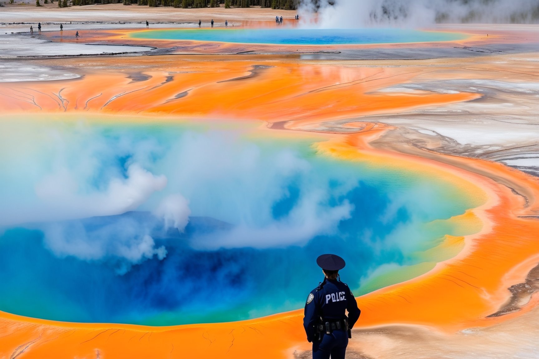 Hyper-Realistic photo of a beautiful LAPD police officer at Grand Prismatic Spring of Yellowstone, 20yo,1girl,solo,LAPD police uniform,cap,detailed exquisite face,soft shiny skin,smile,sunglasses,looking at viewer,Kristen Stewart lookalike,cap,fullbody:1.3
BREAK
backdrop:grandpr1smat1c,vivid color for Spring,orange mane-like soil around the pool,brown and white soil color,smoke from spring,brown and white color soil,1 spring,police car,(girl focus),[cluttered maximalism]
BREAK
settings: (rule of thirds1.3),perfect composition,studio photo,trending on artstation,depth of perspective,(Masterpiece,Best quality,32k,UHD:1.4),(sharp focus,high contrast,HDR,hyper-detailed,intricate details,ultra-realistic,kodachrome 800:1.3),(cinematic lighting:1.3),(by Karol Bak$,Alessandro Pautasso$,Gustav Klimt$ and Hayao Miyazaki$:1.3),art_booster,photo_b00ster, real_booster,Ye11owst0ne