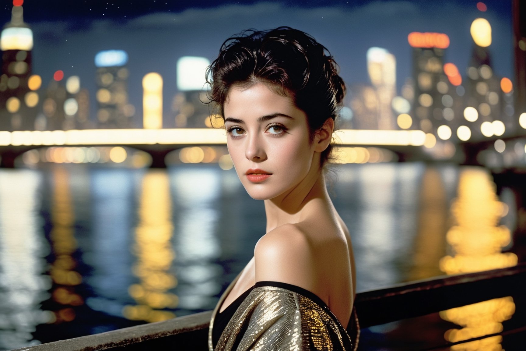 Here's a prompt for generating an image:

A 20-year-old girl \(Sean Young\)stands solo on a bridge at night, her gaze directed straight into the camera lens. Inspired by Sean Young's iconic pose in Blade Runner. Her facial features are hyper-realistically rendered, showcasing perfect skin tone and clear definition. The model body is toned and athletic, with a striking female form. Against the blurred backdrop of a beautiful River, the cityscape twinkles with lights, tower silhouettes, and bustling activity.

The composition is masterfully crafted to follow the rule of thirds (1.3), placing the subject off-center for a visually appealing shot. The studio lighting creates a dramatic chiaroscuro effect, accentuating the girl's features and adding depth to the scene.

Image specifications: 32k resolution, UHD quality, perfect focus, high contrast, HDR, hyper-detailed, intricate details, ultra-realistic, and award-winning photography. Kodachrome 800 film-inspired texture adds an extra layer of authenticity. Created by a collective of renowned artists Antonio Lopez, Diego Koi, Karol Bak, and Hayao Miyazaki.