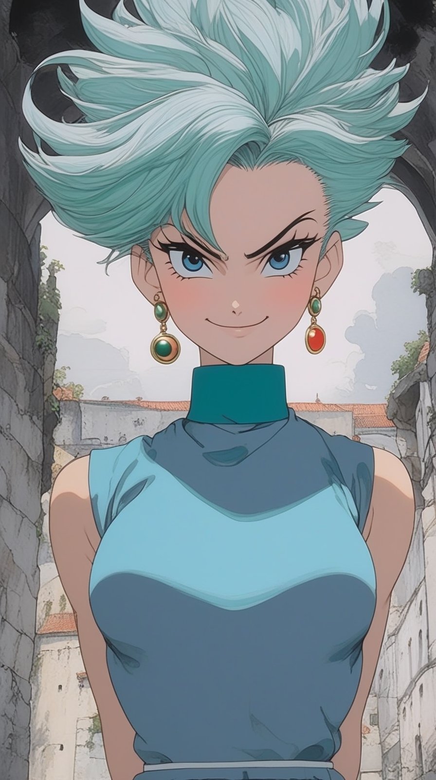 Detailed anime of a girl,20yo,(Bulma of Dragon Ball comics),clear facial features,shiny skin,earrings, necklace,smile,mesmerizing,elegant form-fitting short dress,(fullbody:1.3),vibrant colors
BREAK
(backdrop of Vilnius, the capital of Lithuania, a UNESCO World Heritage Site with stunning architecture, cobbled streets, cozy cafes, a lively cultural scene,blue sky)
BREAK
(anime vibes:1.7),(ink and pen drawing,thick cartoon lines:1.3),rule of thirds,perfect composition,depth of perspective,studio photo,trending on artstation,(Masterpiece,Best quality,sharp focus,high contrast,HDR,hyper-detailed,intricate details,ultra-realistic),(chiaroscuro lighting),by Karol Bak,Gustav Klimt and Hayao Miyazaki,photo_b00ster,art_booster, real_booster,ani_booster