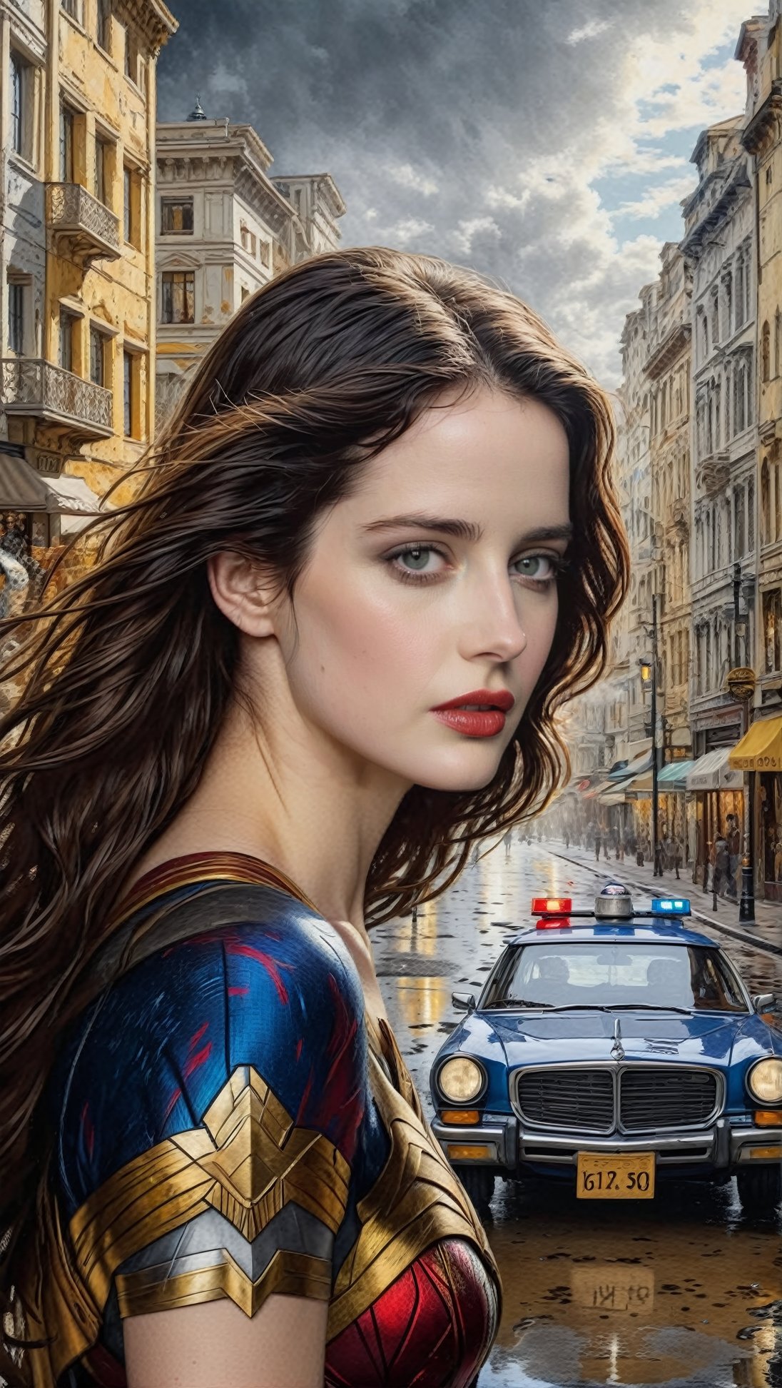 Hyper-Realistic photo of a beautiful girl standing in a street,20yo,1girl,solo,detailed exquisite face,looking at viewer,Eva Green lookalike
BREAK
backdrop:city street,police car,puddles,cluttered maximalism
BREAK
settings: (rule of thirds1.3),perfect composition,studio photo,trending on artstation,depth of perspective,(Masterpiece,Best quality,32k,UHD:1.4),(sharp focus,high contrast,HDR,hyper-detailed,intricate details,ultra-realistic,kodachrome 800:1.3),(chiaroscuro lighting:1.3),(by Karol Bak $,Alessandro Pautasso $,Gustav Klimt $ and Hayao Miyazaki $:1.3),art_booster, photo_b00ster,real_booster,wonder-woman-xl