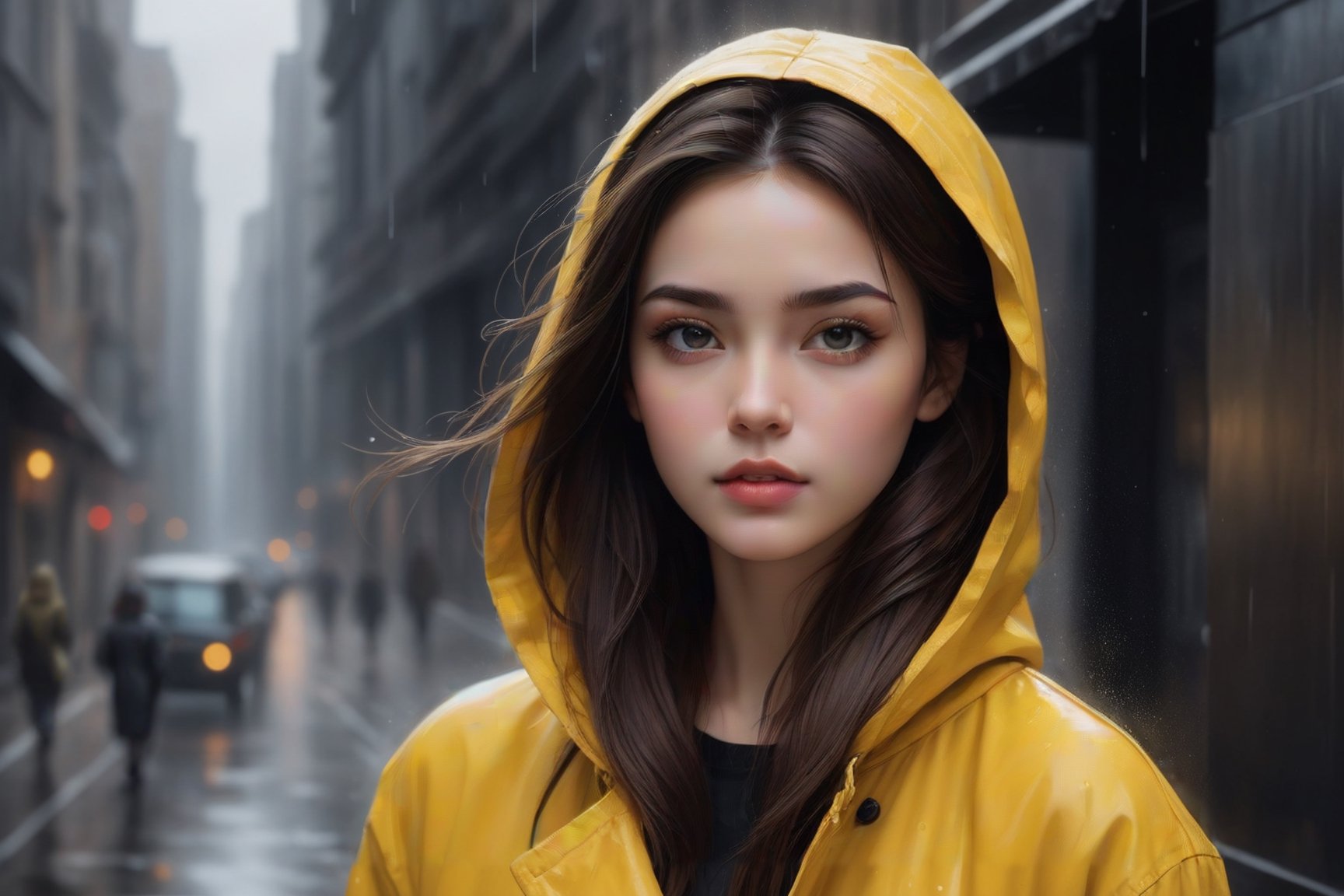 Generate an artisvic vision of watercolor portrait of a beautiful girl in a yellow raincoat,20yo,walking in a dark raining street.fullbody.graffiti style.(Rough strokes).Mystical.Mysterious.Ethereal.Dim lights in the street.Dark and Hazy background.puddles.rain.fog. spotlight on her face.low key.(chiaroscuro lighting),blurry backdrop.BREAK rule of thirds,depth of perspective,perfect composition,impressionism,clear facial features,perfect hands,aesthetic minimalism,painterly,by Karol Bak,Alessandro Pautasso and Hayao Miyazaki, real_booster, art_booster