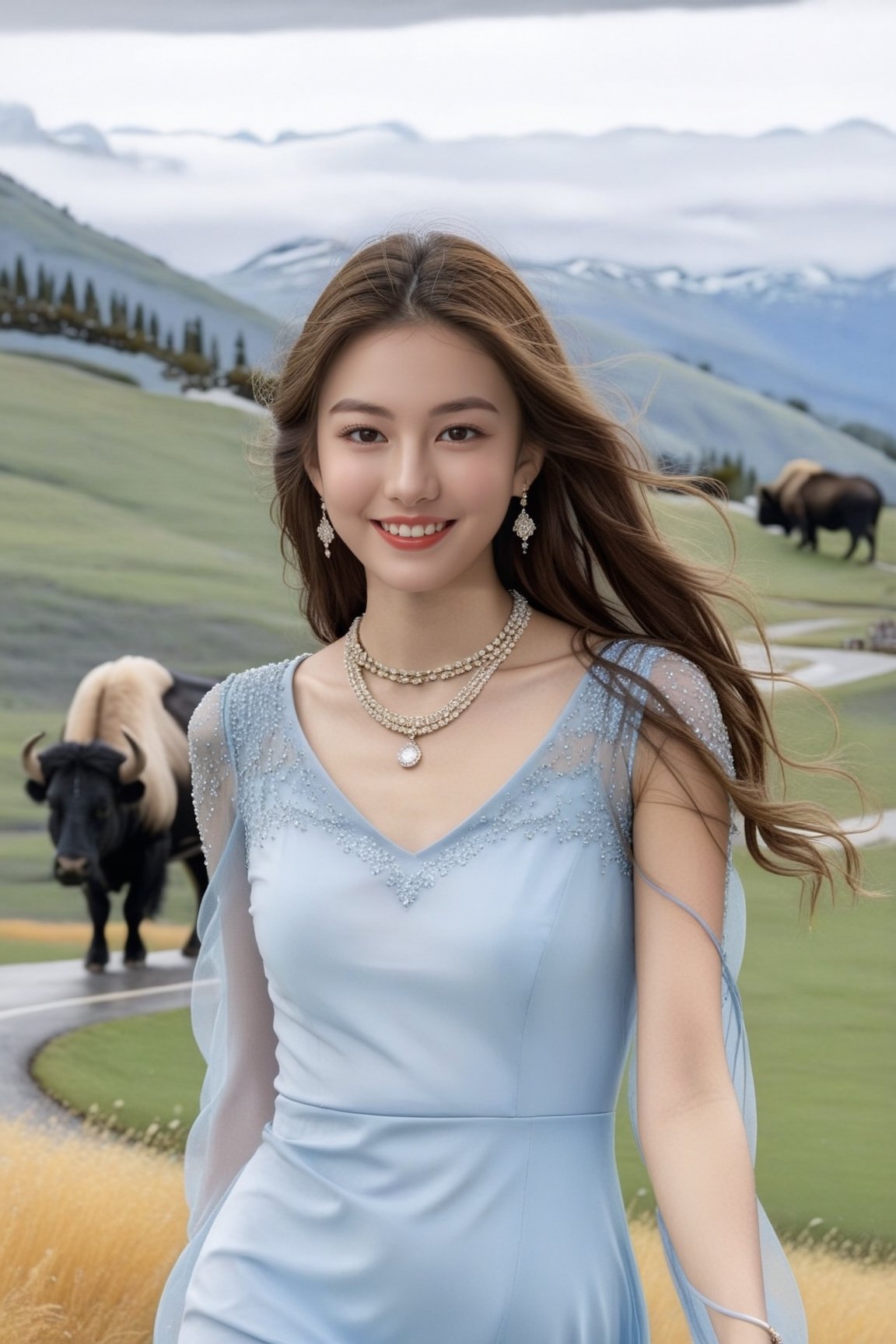 Hyper-Realistic photo of a girl,20yo,1girl,perfect female form,perfect body proportion,perfect anatomy,[baby blue and ivory color],elegant dress,detailed exquisite face,soft shiny skin,smile,mesmerizing,detailed shiny long hair blowing,small earrings,necklaces,Chanel bag,cluttered maximalism
BREAK
[backdrop of lamarva11ey,outdoors,sky,day, cloud,tree,cloudy sky,grass,nature,beautiful scenery,mountain,winding road,landscape,american bisons],(girl focus:1.2)
BREAK
(rule of thirds:1.3),perfect composition,studio photo,trending on artstation,(Masterpiece,Best quality,32k,UHD:1.4),(sharp focus,high contrast,HDR,hyper-detailed,intricate details,ultra-realistic,award-winning photo,ultra-clear,kodachrome 800:1.25),(infinite depth of perspective:2),(chiaroscuro lighting,soft rim lighting:1.15),by Karol Bak,Antonio Lopez,Gustav Klimt and Hayao Miyazaki,photo_b00ster,real_booster,art_booster,Ye11owst0ne,koh_yunjung