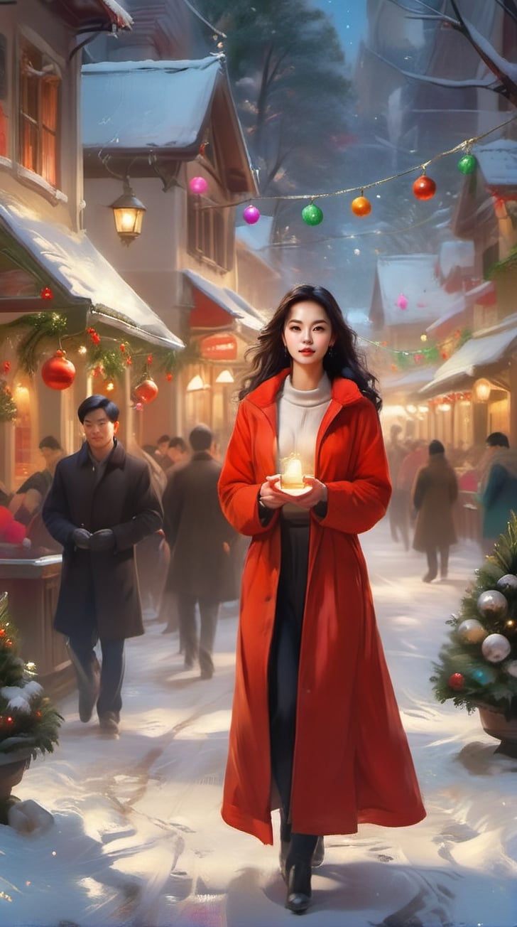 Create AI art portraying the beautiful woman in a Christmas setting, a snowy park adorned with twinkling lights and festive decorations. 23yo. Picture her strolling along a path surrounded by glistening snow, with the soft glow of holiday lights casting a warm and magical ambiance. The scene should evoke a sense of tranquility and joy, capturing the essence of a peaceful Christmas moment in a charming winter landscape.kwon-nara,digital painting