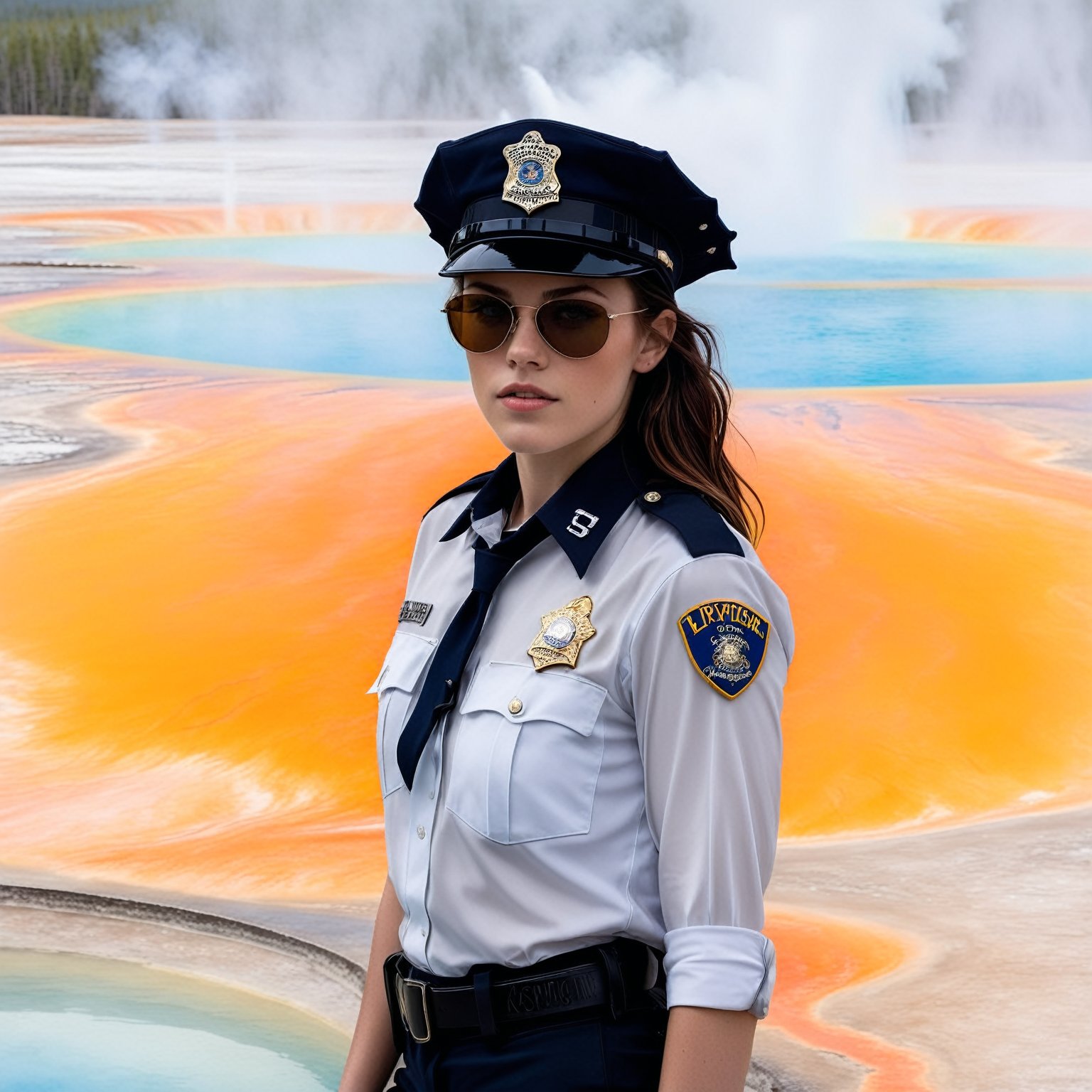 Hyper-Realistic photo of a beautiful LAPD police officer at Grand Prismatic Spring of Yellowstone, 20yo,1girl,solo,LAPD police uniform,cap,detailed exquisite face,soft shiny skin,smile,sunglasses,looking at viewer,Kristen Stewart lookalike,cap,fullbody:1.3
BREAK
backdrop:grandpr1smat1c,vivid color for Spring,orange mane-like soil around the pool,brown and white soil color,smoke from spring,brown and white color soil,1 spring,(girl focus),[cluttered maximalism]
BREAK
settings: (rule of thirds1.3),perfect composition,studio photo,trending on artstation,depth of perspective,(Masterpiece,Best quality,32k,UHD:1.4),(sharp focus,high contrast,HDR,hyper-detailed,intricate details,ultra-realistic,kodachrome 800:1.3),(cinematic lighting:1.3),(by Karol Bak$,Alessandro Pautasso$,Gustav Klimt$ and Hayao Miyazaki$:1.3),art_booster,photo_b00ster, real_booster,Ye11owst0ne