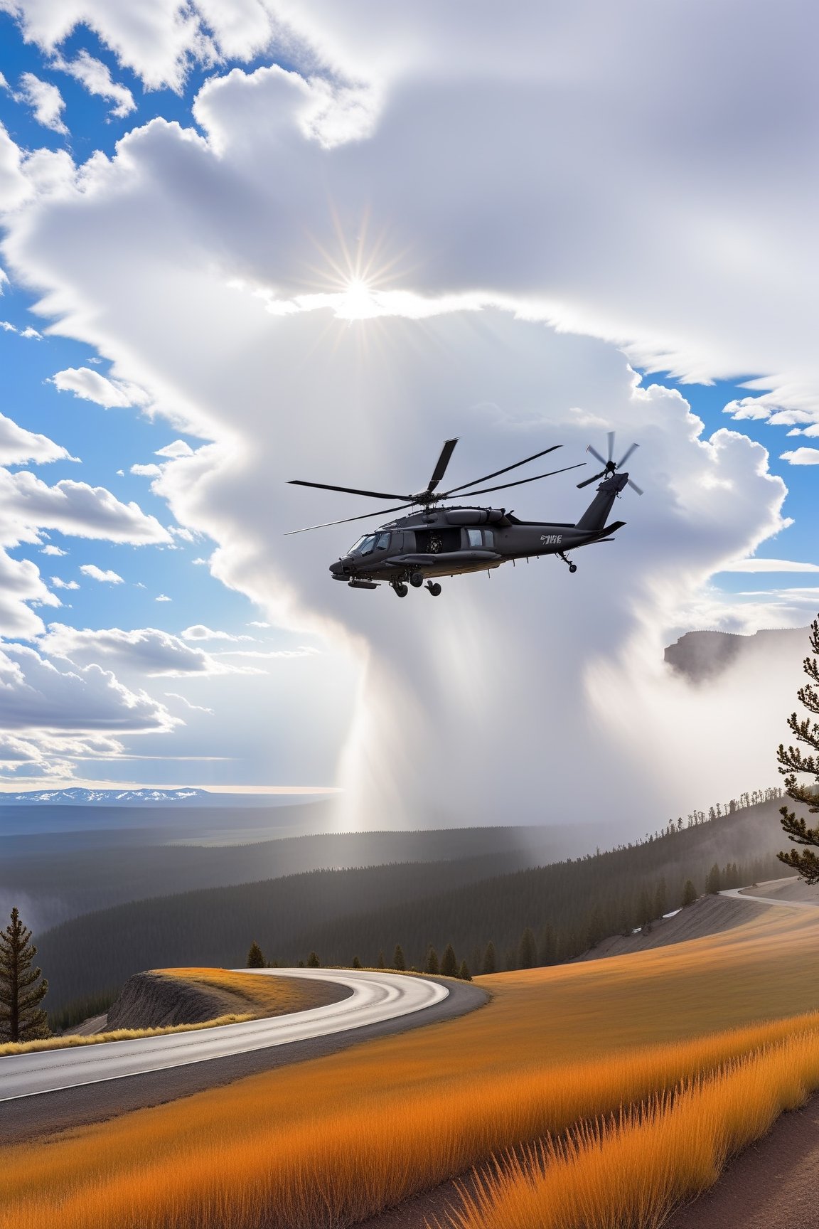 Hyper-Realistic photo of an Apache AH-64 helicopter hovering low in  lamarva11ey,Yellowstone,outdoors, sky,day,american bisons,cloud,tree,cloudy sky,grass,nature,beautiful scenery,mountain,winding road,landscape),(helicopter focus:1.2)
BREAK
(rule of thirds:1.3),perfect composition,studio photo,trending on artstation,(Masterpiece,Best quality,32k,UHD:1.4),(sharp focus,high contrast,HDR,hyper-detailed,intricate details,ultra-realistic,award-winning photo,ultra-clear,kodachrome 800:1.25),(infinite depth of perspective:2),(chiaroscuro lighting,soft rim lighting:1.15),by Karol Bak,Antonio Lopez,Gustav Klimt and Hayao Miyazaki,photo_b00ster,real_booster,art_booster,Ye11owst0ne