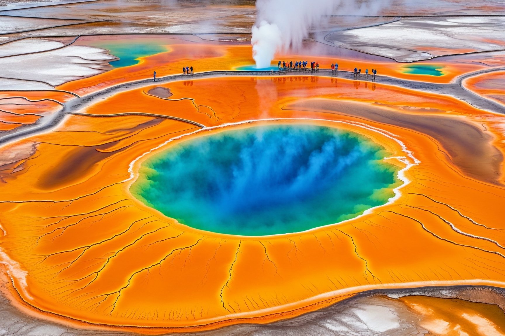 ((Hyper-Realistic)) detailed scene of one Grand Prismatic Spring in Yellowstone,diameter of 90m,vivid color for Spring,largest hot spring in United States,deep blue color in the center of the pool,aerial view,many people on road on top of the scene,orange mane-like soil around the pool,brown and white soil color,smoke from spring,brown and white color soil,1 spring
BREAK 
aesthetic,rule of thirds,depth of perspective,perfect composition,studio photo,trending on artstation,cinematic lighting,(Hyper-realistic photography,masterpiece, photorealistic,ultra-detailed,intricate details,16K,sharp focus,high contrast,kodachrome 800,HDR:1.2),photo_b00ster,real_booster,ye11owst0ne,(grandpr1smat1c:1.2),grandpr1smat1c