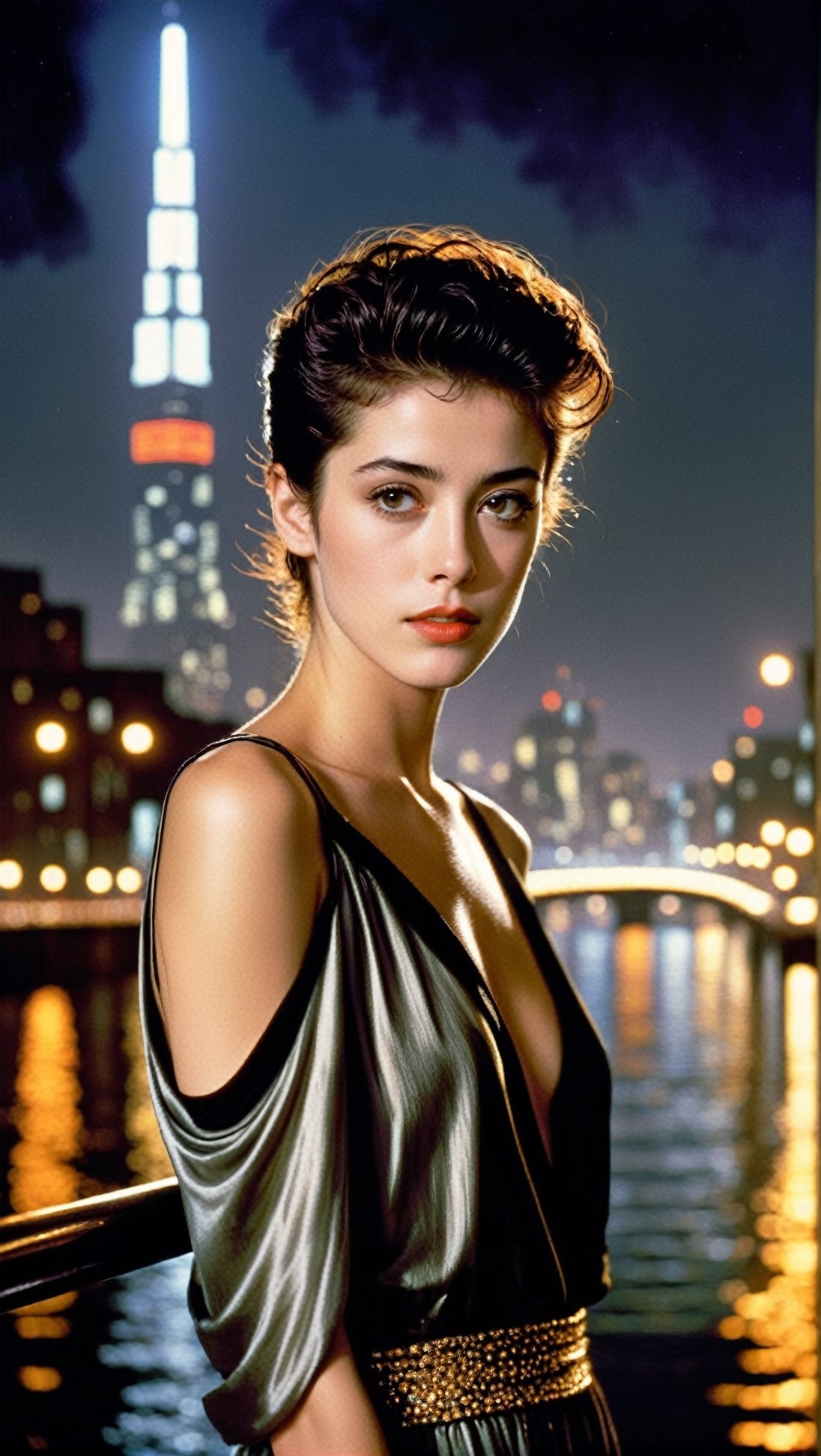 Here's a prompt for generating an image:

A 20-year-old girl \(Sean Young\) stands solo on a bridge at night, her gaze directed straight into the camera lens. Inspired by Sean Young's iconic pose in Blade Runner. Her facial features are hyper-realistically rendered, showcasing perfect skin tone and clear definition. The model body is toned and athletic, with a striking female form. Against the blurred backdrop of a beautiful River, the cityscape twinkles with lights, tower silhouettes, and bustling activity.

The composition is masterfully crafted to follow the rule of thirds (1.3), placing the subject off-center for a visually appealing shot. The studio lighting creates a dramatic chiaroscuro effect, accentuating the girl's features and adding depth to the scene.

Image specifications: 32k resolution, UHD quality, perfect focus, high contrast, HDR, hyper-detailed, intricate details, ultra-realistic, and award-winning photography. Kodachrome 800 film-inspired texture adds an extra layer of authenticity. Created by a collective of renowned artists Antonio Lopez, Diego Koi, Karol Bak, and Hayao Miyazaki.