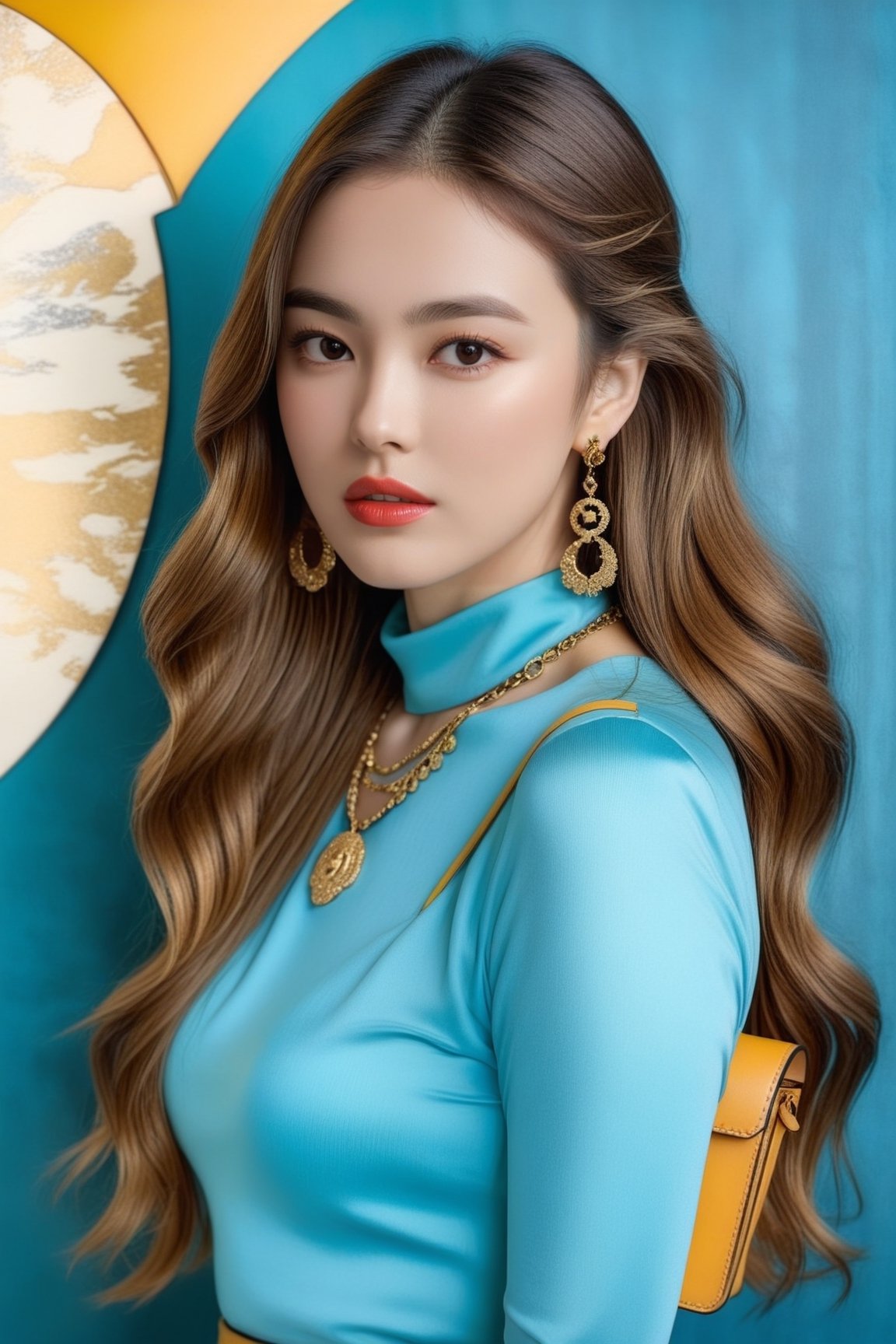 Hyper-Realistic photo of a girl,20yo,1girl,perfect female form,perfect body proportion,perfect anatomy,[Turquoise,Baby Blue,Mustard Yellow,Gray color],elegant dress,detailed exquisite face,soft shiny skin,mesmerizing,detailed shiny long hair,small earrings,necklaces,Louis Vuitton bag,cluttered maximalism,simple backdrop with gradation
BREAK
(rule of thirds:1.3),perfect composition,studio photo,trending on artstation,(Masterpiece,Best quality,32k,UHD:1.4),(sharp focus,high contrast,HDR,hyper-detailed,intricate details,ultra-realistic,award-winning photo,ultra-clear,kodachrome 800:1.25),(chiaroscuro lighting,soft rim lighting:1.15),by Karol Bak,Antonio Lopez,Gustav Klimt and Hayao Miyazaki,photo_b00ster,real_booster,art_booster,song-hyegyo-xl