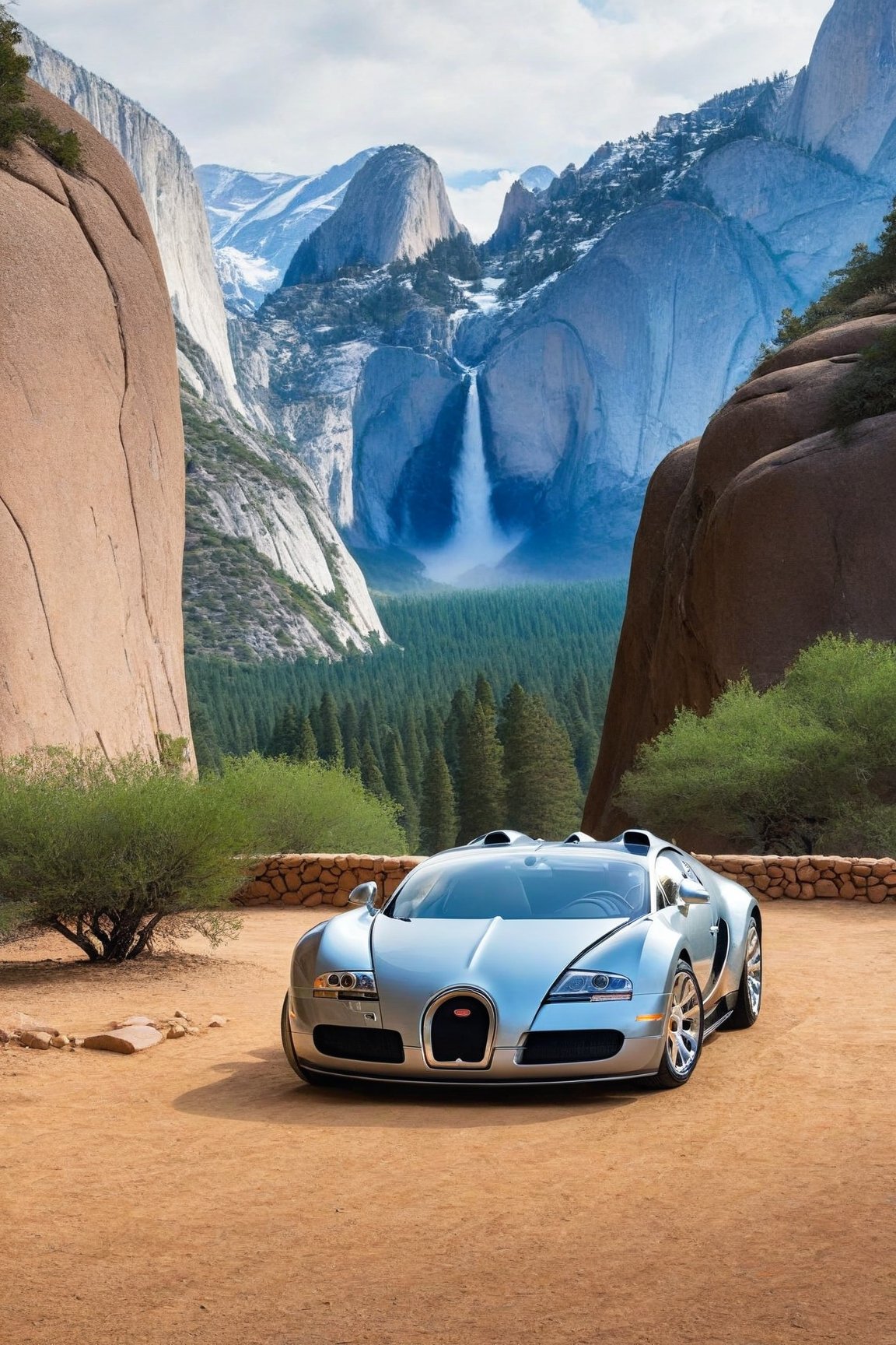 ((Hyper-Realistic)) photo of 1 car \(1999 Bugatti Veyron EB 16.4 designed by Walter de Silva\) parked,(backdrop: national park with mountain,(rock),tree),Front side view,well-lit
BREAK 
aesthetic,rule of thirds,depth of perspective,perfect composition,studio photo,trending on artstation,cinematic lighting,(Hyper-realistic photography,masterpiece, photorealistic,ultra-detailed,intricate details,16K,sharp focus,high contrast,kodachrome 800,HDR:1.3), real_booster,art_booster,ani_booster,H effect,y0sem1te, (ygalc1er:1.3)