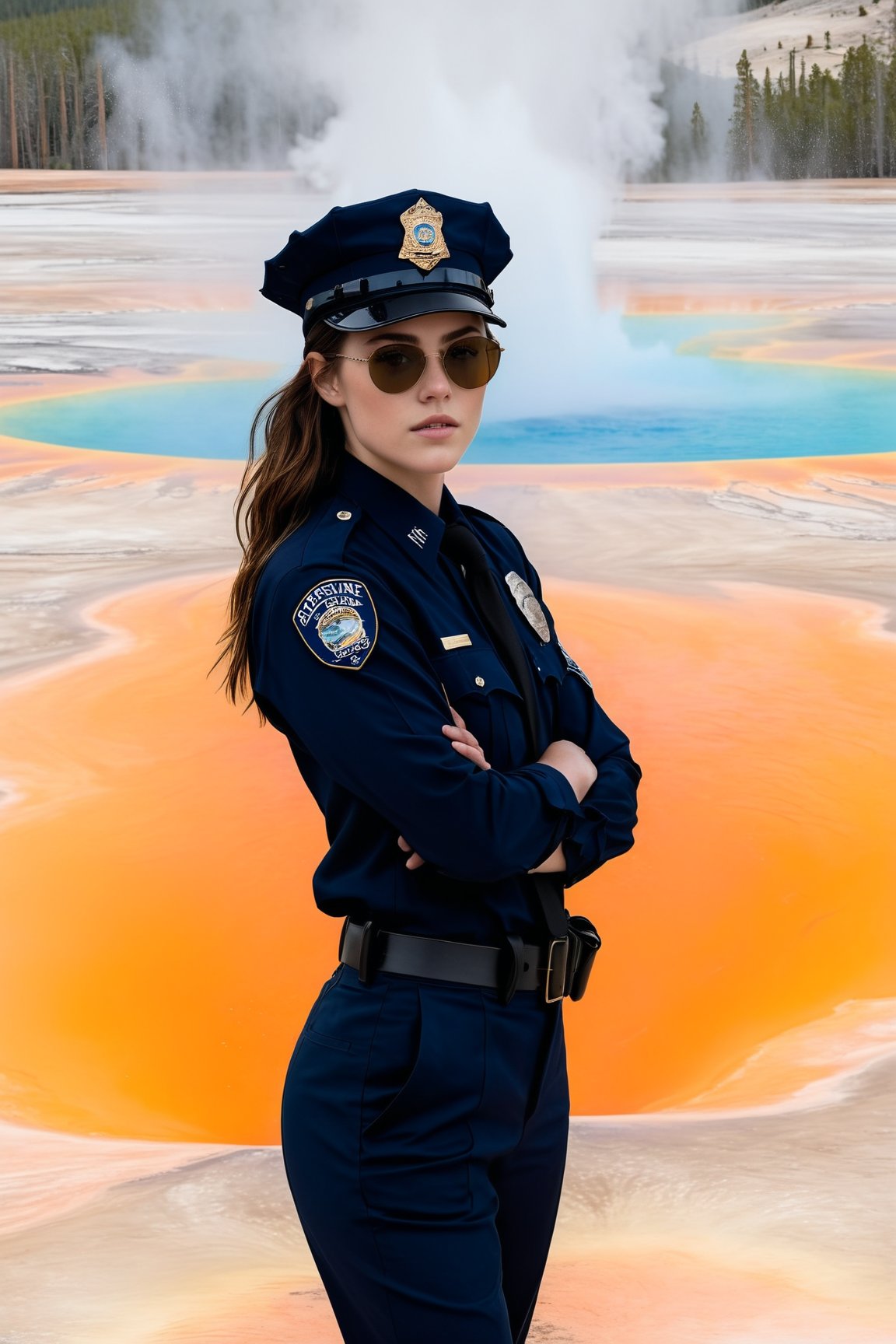 Hyper-Realistic photo of a beautiful LAPD police officer at Grand Prismatic Spring of Yellowstone, 20yo,1girl,solo,LAPD police uniform,cap,detailed exquisite face,soft shiny skin,smile,sunglasses,looking at viewer,Kristen Stewart lookalike,cap,fullbody:1.3
BREAK
backdrop:grandpr1smat1c,vivid color for Spring,orange mane-like soil around the pool,brown and white soil color,smoke from spring,brown and white color soil,1 spring,(girl focus),[cluttered maximalism]
BREAK
settings: (rule of thirds1.3),perfect composition,studio photo,trending on artstation,depth of perspective,(Masterpiece,Best quality,32k,UHD:1.4),(sharp focus,high contrast,HDR,hyper-detailed,intricate details,ultra-realistic,kodachrome 800:1.3),(cinematic lighting:1.3),(by Karol Bak$,Alessandro Pautasso$,Gustav Klimt$ and Hayao Miyazaki$:1.3),art_booster,photo_b00ster, real_booster,Ye11owst0ne