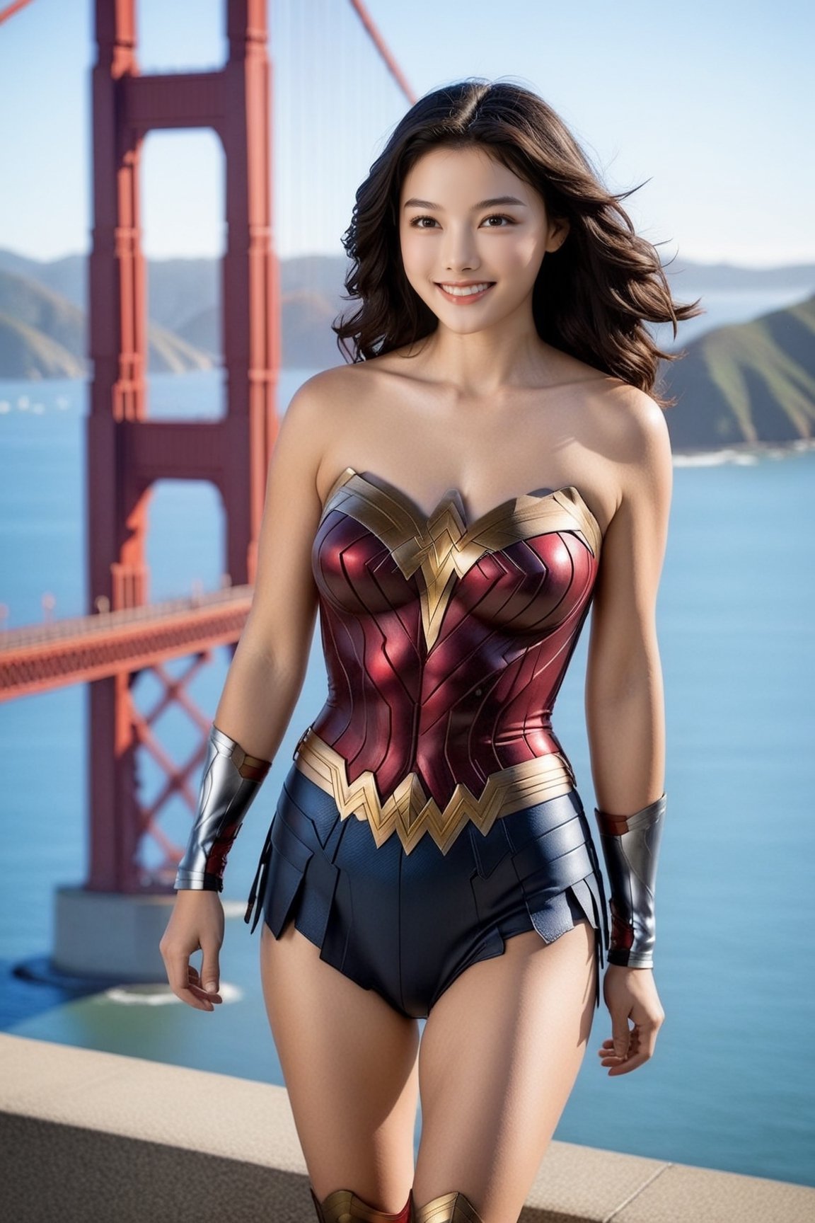 Hyper-Realistic photo of a girl,20yo,1girl,perfect female form,perfect body proportion,perfect anatomy,detailed exquisite face,soft shiny skin,smile,mesmerizing,short hair,small earrings,necklaces
BREAK
backdrop of a beautiful golden gate bridge in San Francisco,ocean,(fullbody:1.3),(distant view:1.2),(heels:1.3),(model pose)
BREAK
(rule of thirds:1.3),perfect composition,studio photo,trending on artstation,(Masterpiece,Best quality,32k,UHD:1.5),(sharp focus,high contrast,HDR,hyper-detailed,intricate details,ultra-realistic,award-winning photo,ultra-clear,kodachrome 800:1.3),(chiaroscuro lighting,soft rim lighting:1.2),by Karol Bak,Antonio Lopez,Gustav Klimt and Hayao Miyazaki,photo_b00ster,real_booster,ani_booster,wonder-woman-xl,kim youjung