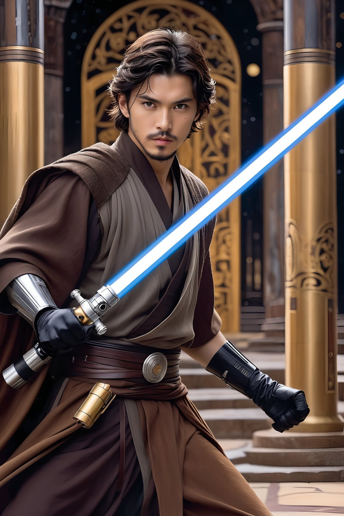 Hyper-Realistic photo of a jedi swinging lightsaber,1boy,solo,black hair,gloves,weapon,male focus, sword,facial hair,parody,beard,science fiction, animification,energy sword,lightsaber,looking at viewer,Lee Jung-Jae \(Sol in Star Wars Acolyte\) lookalike,cap,fullbody:1.3
BREAK
backdrop:indoor,store,shelf,table,[cluttered maximalism]
BREAK
settings: (rule of thirds1.3),perfect composition,studio photo,trending on artstation,depth of perspective,(Masterpiece,Best quality,32k,UHD:1.4),(sharp focus,high contrast,HDR,hyper-detailed,intricate details,ultra-realistic,kodachrome 800:1.3),(cinematic lighting:1.3),(by Karol Bak$,Alessandro Pautasso$,Gustav Klimt$ and Hayao Miyazaki$:1.3),art_booster,photo_b00ster, real_booster,w1nter res0rt