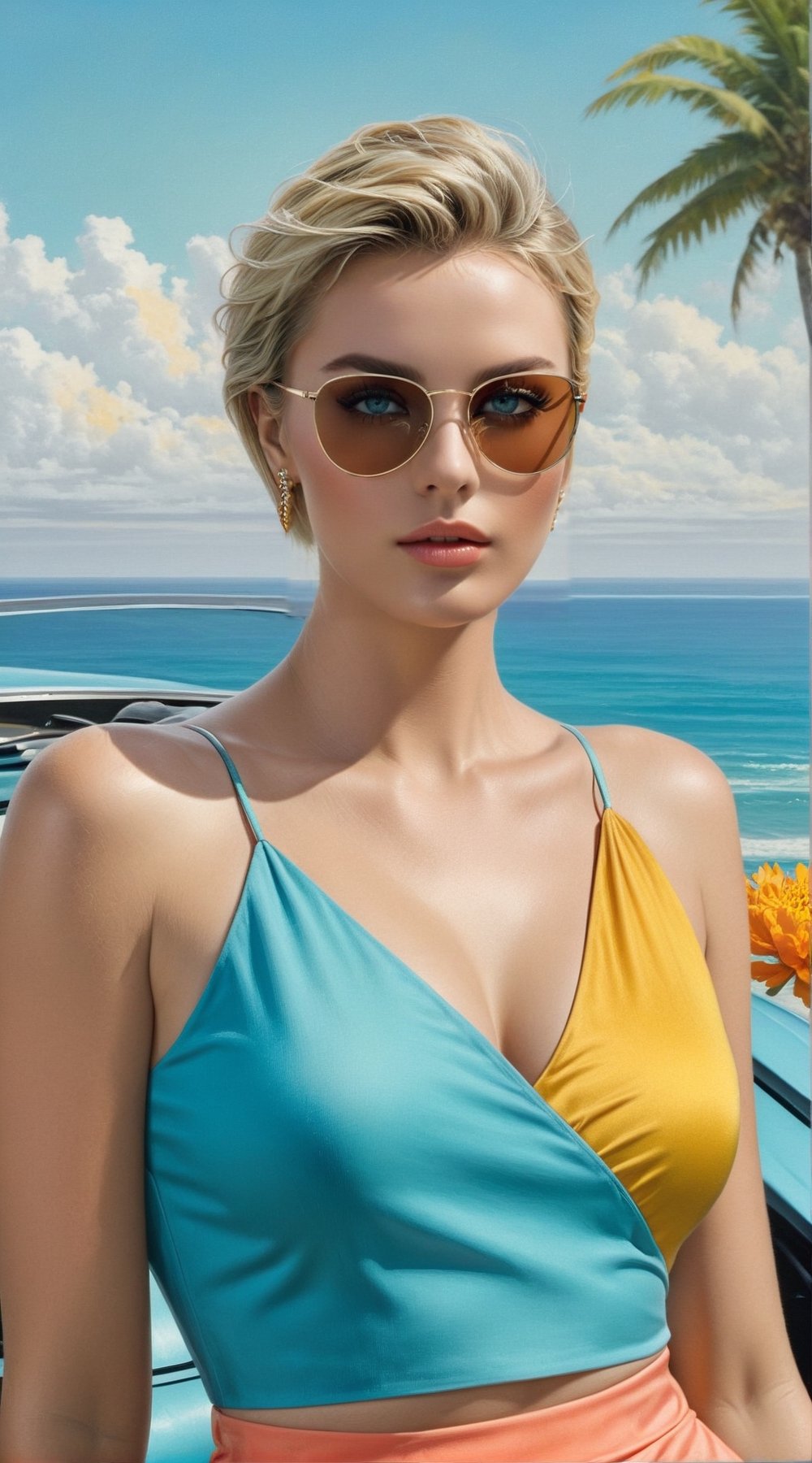 Hyper-realistic portrait of a sophisticated girl,(Charlize Theron),20yo,leaning on a sports car,alluring neighbor's wife,sunglasses,clear facial features,perfect female form,model body,short skirt tank top,detailed beach backdrop,(Marigold Yellow,Turquoise Blue,Coral Pink,Gray Sky color)

BREAK

studio photo,trending on artstation,perfect composition,(Hyper-realistic photography,Masterpiece,HDR,Hyper-detailed,intricate details,oc rendering,8K,Kodakchome 800:1.2),(fullbdy wideshot:1.3),cinematic lighting,pen and ink,by Karol Bak and Gustav Klimt,real_booster, art_booster,H effect,niji5,more detail XL,greg rutkowski